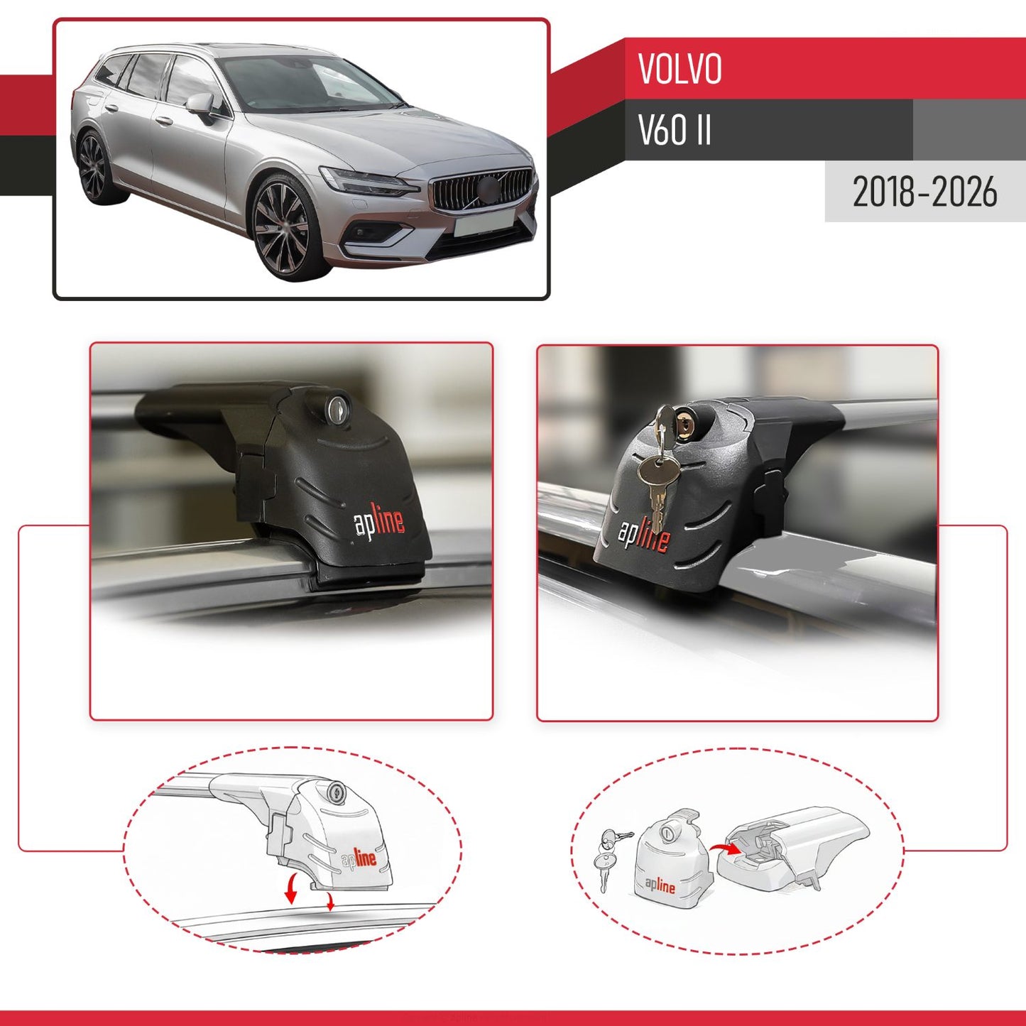 Compatible with Volvo V60 II 2018-2026 ACE-2 Model Car Roof Rack Cross Bar Gray Aluminium 2 Bars