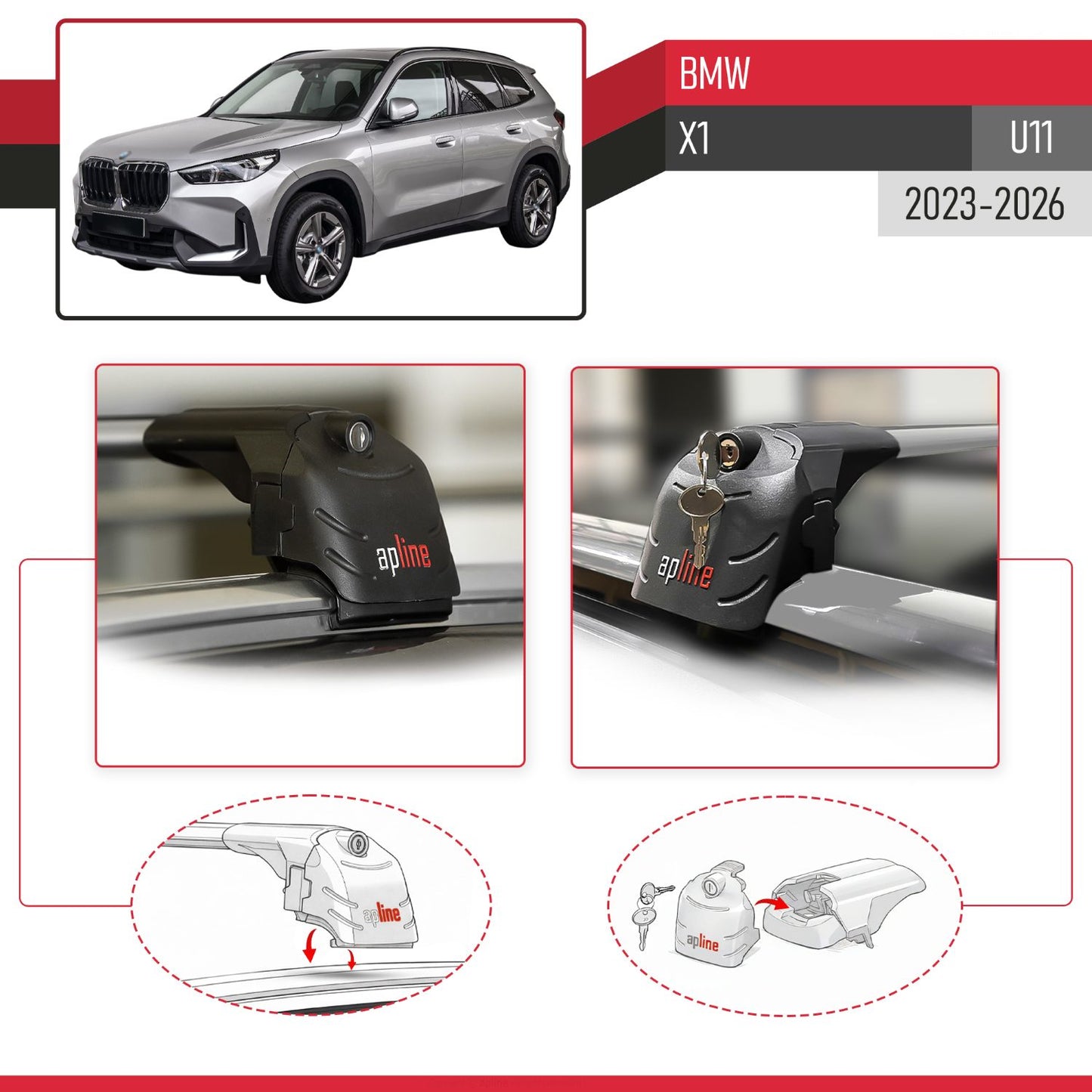 Compatible with BMW X1 (U11) 2023-2026 ACE-2 Model Car Roof Rack Cross Bar Gray Aluminium 2 Bars