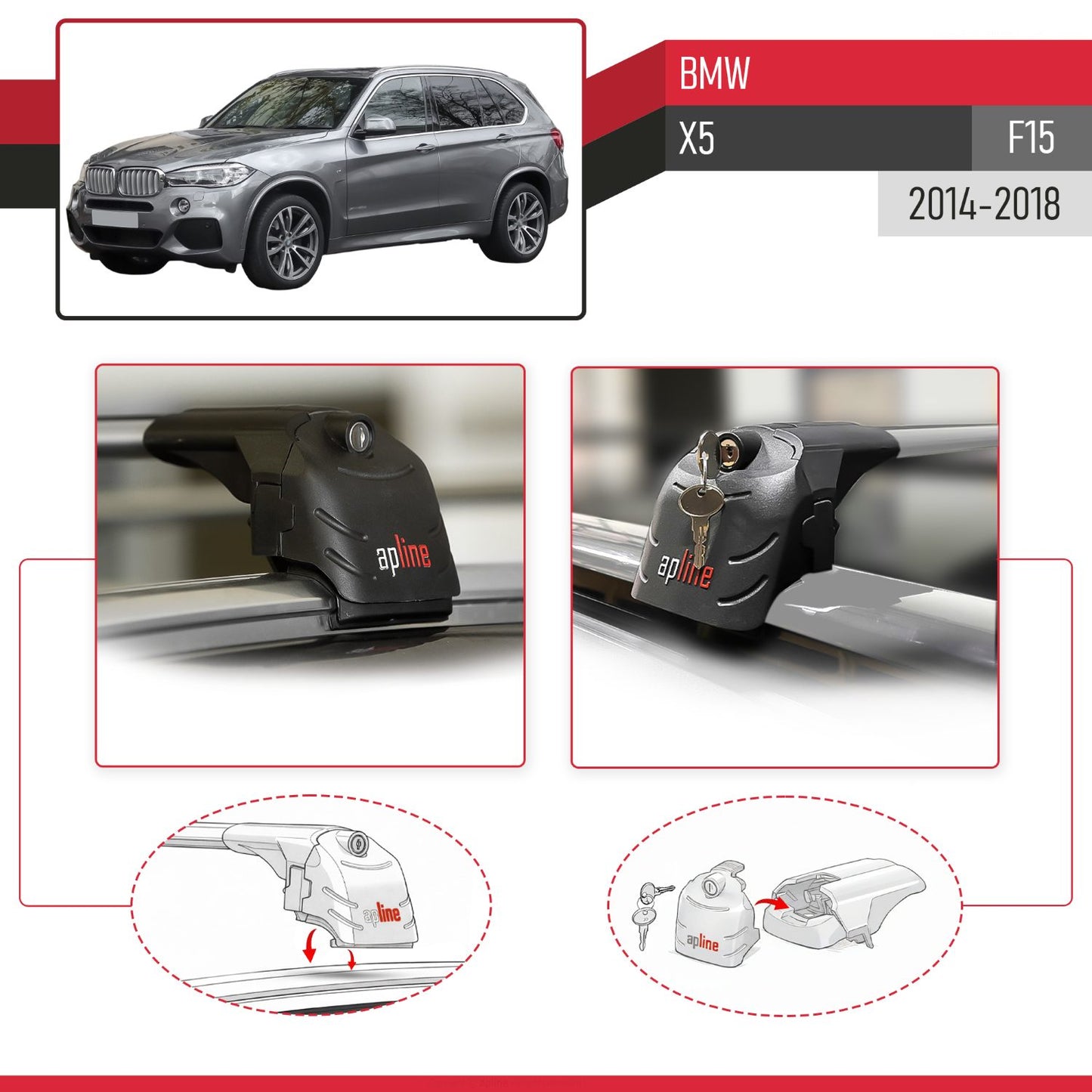 Compatible with BMW X5 (F15) 2014-2018 ACE-2 Model Car Roof Rack Cross Bar Gray Aluminium 2 Bars