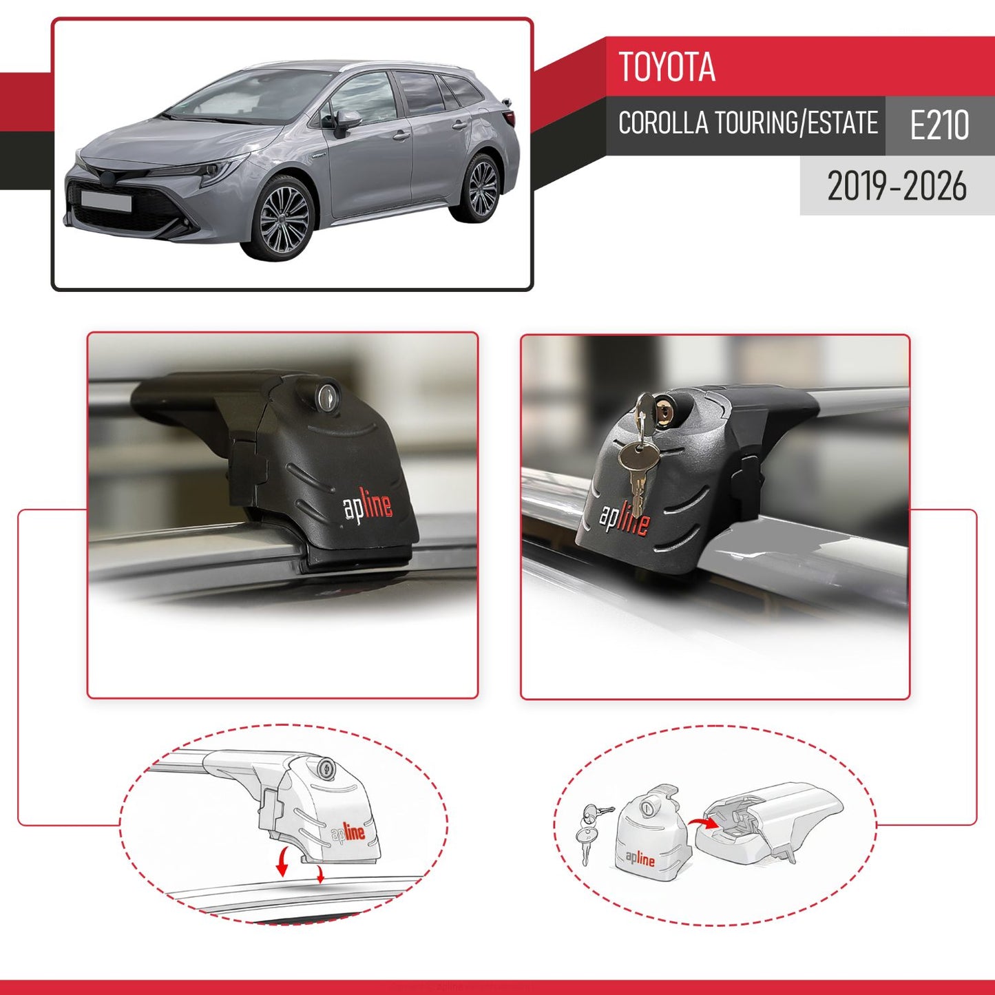 Compatible with Toyota Corolla Touring/Estate (E210) 2019-2026 ACE-2 Model Car Roof Rack Cross Bar Gray Aluminium 2 Bars