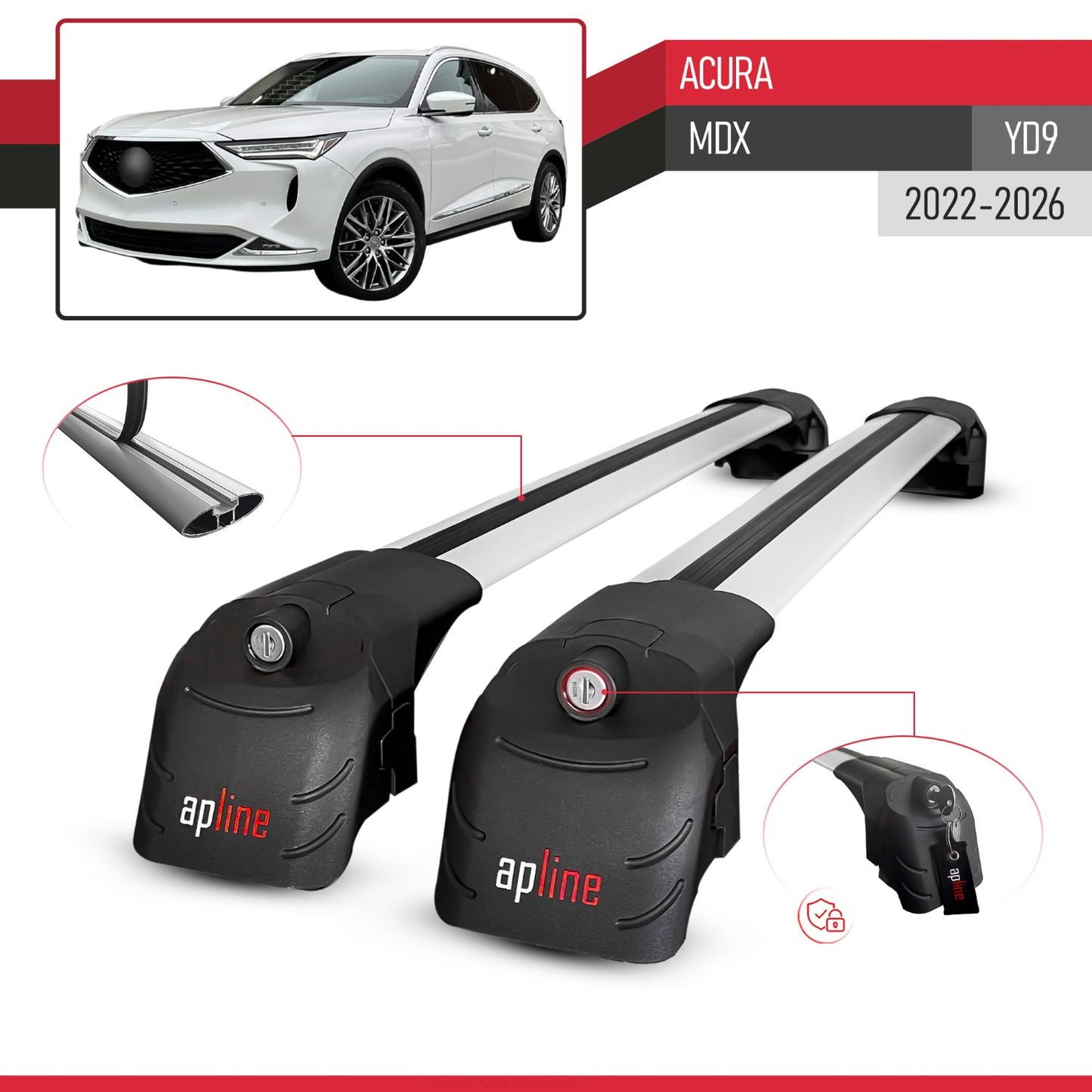 Compatible with Acura MDX 2022-2024 ACE-2 Car Roof Rack Cross Bar Grey Aluminium 2 Bars