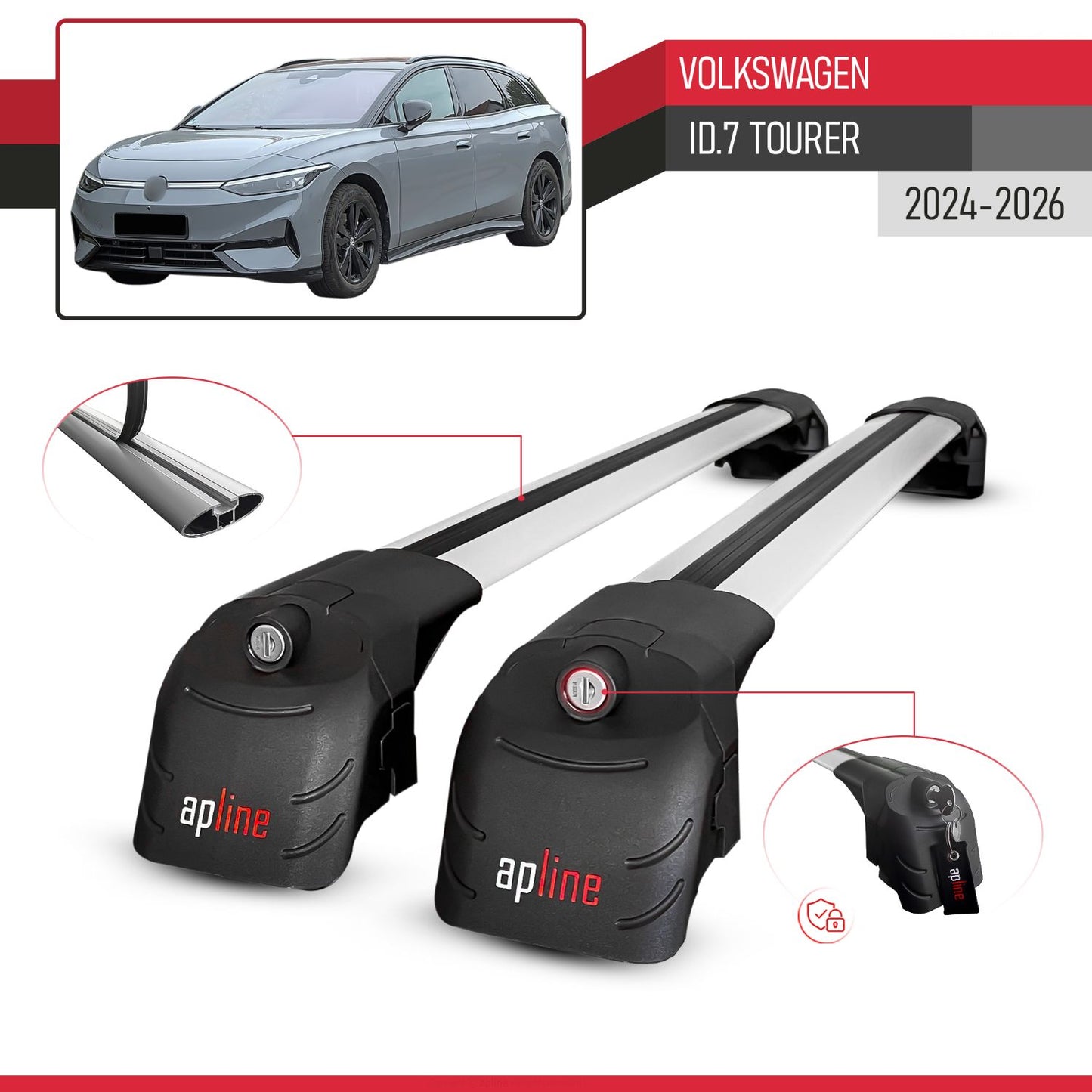 Compatible with Volkswagen ID.7 Tourer 2024-2026 ACE-2 Model Car Roof Rack Cross Bar Gray Aluminium 2 Bars