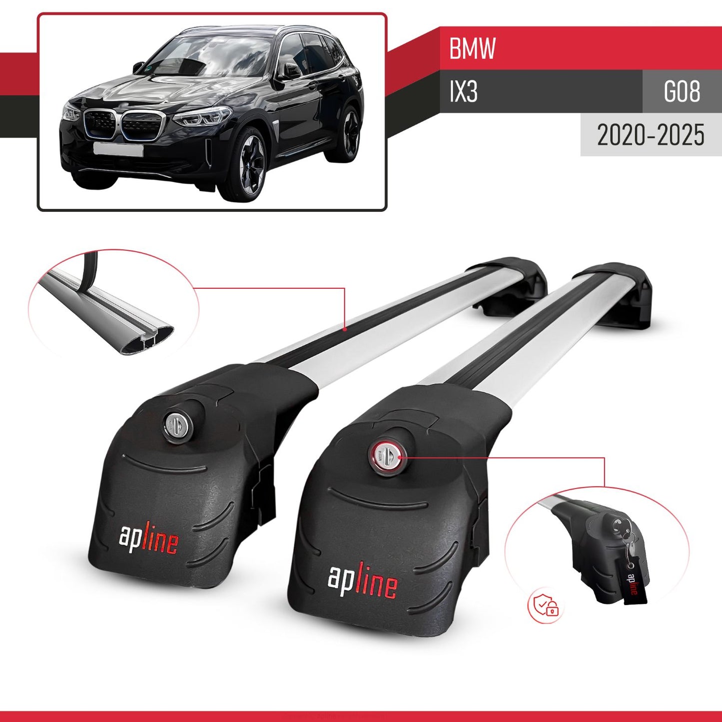 Compatible with BMW iX3 G08 2021-2024 ACE-2 Car Roof Rack Cross Bar Grey Aluminium 2 Bars