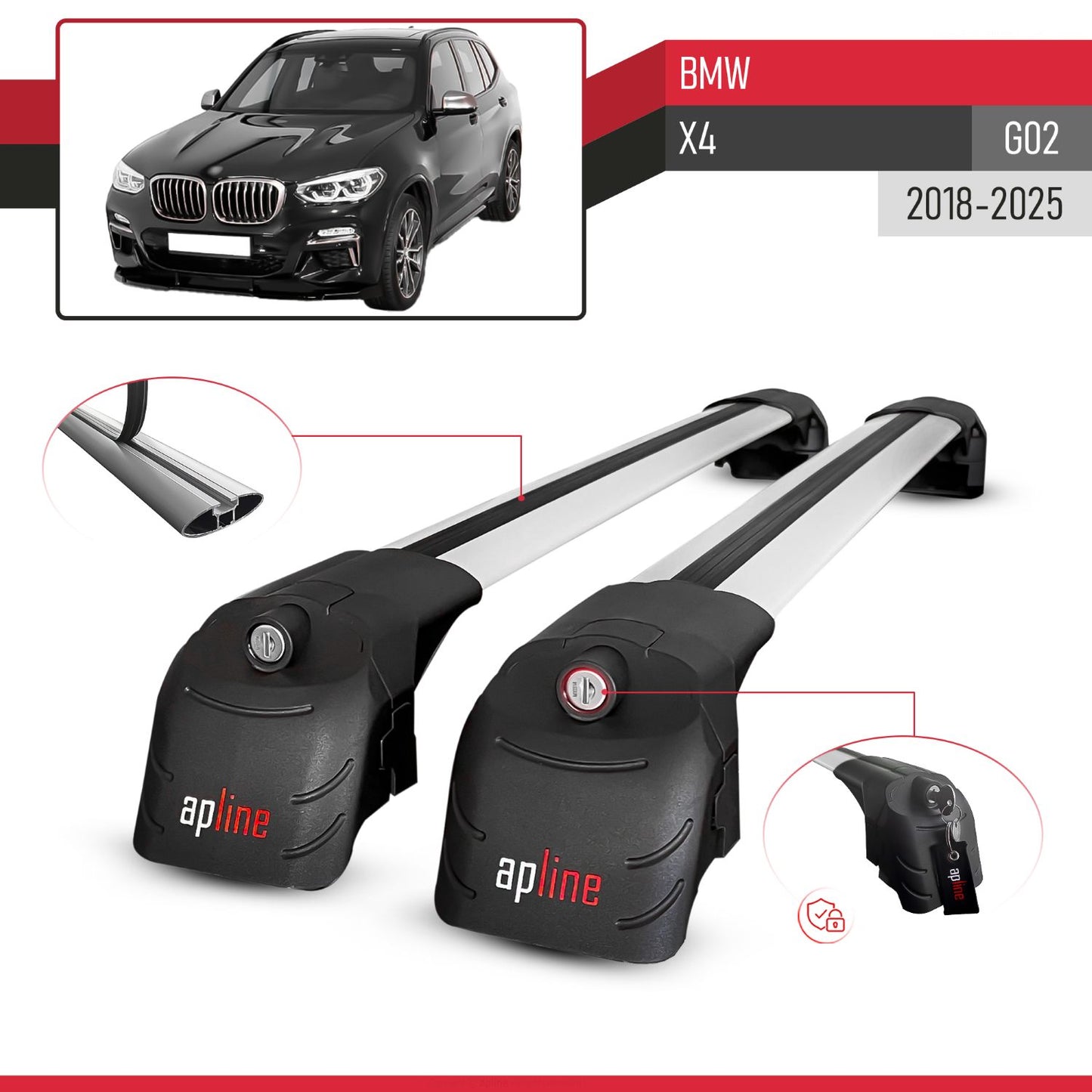 Compatible with BMW X4 (G02) 2018-2023 ACE-2 Car Roof Rack Cross Bar Grey Aluminium 2 Bars