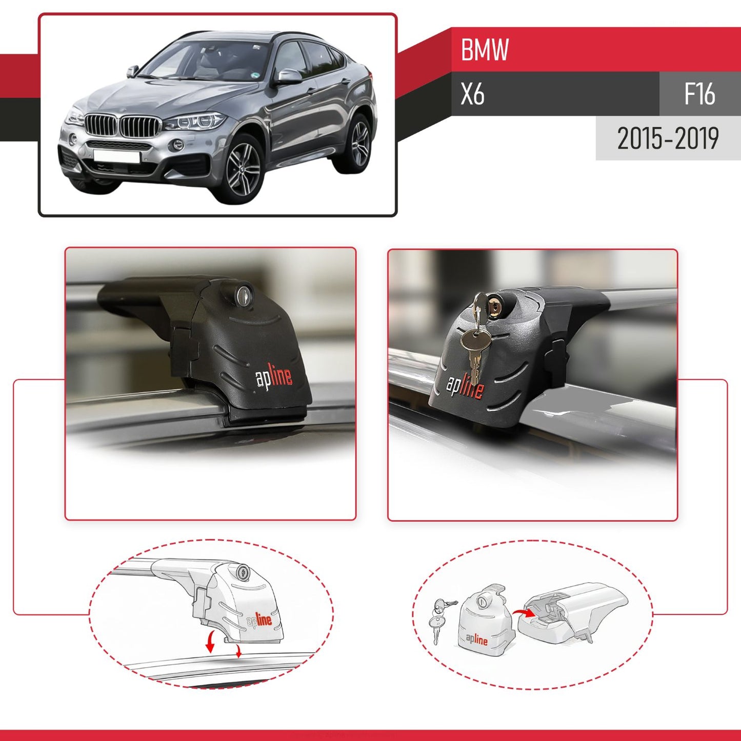 Compatible with BMW X6 (F16) 2015-2019 ACE-2 Car Roof Rack Cross Bar Grey Aluminium 2 Bars
