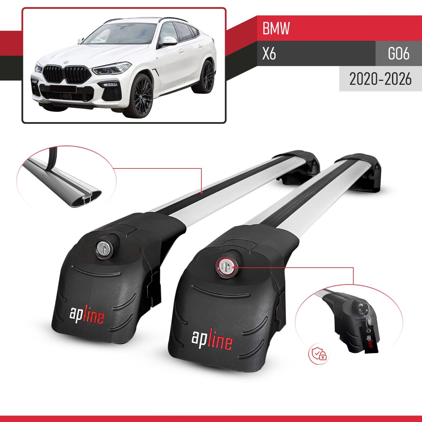 Compatible with BMW X6 (G06) 2020-2025 ACE-2 Car Roof Rack Cross Bar Grey Aluminium 2 Bars