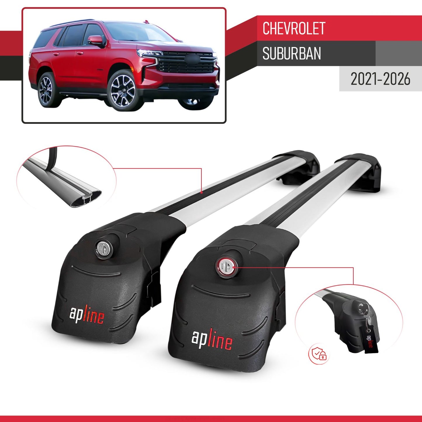 Compatible with Chevrolet Suburban 2021-2026 ACE-2 Model Car Roof Rack Cross Bar Gray Aluminium 2 Bars