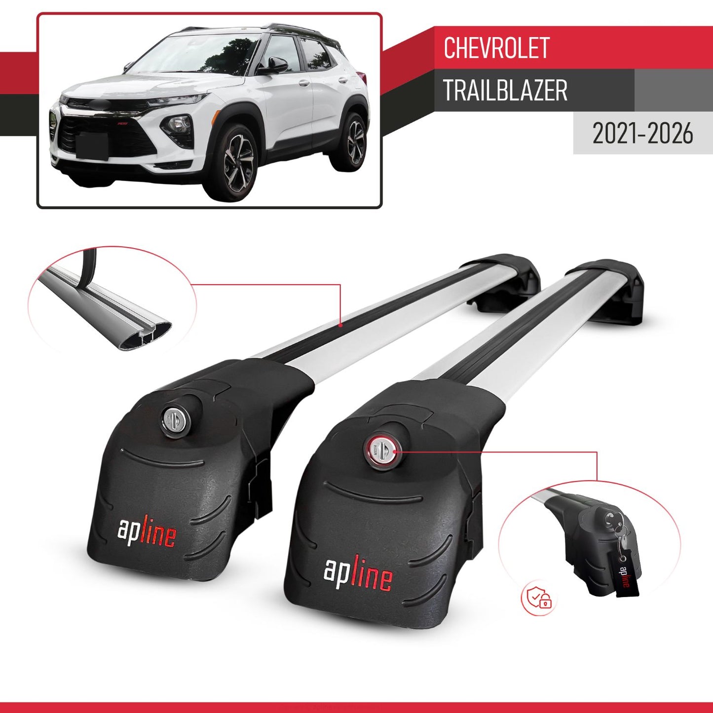 Compatible with Chevrolet Trailblazer 2021-2024 ACE-2 Car Roof Rack Cross Bar Grey Aluminium 2 Bars