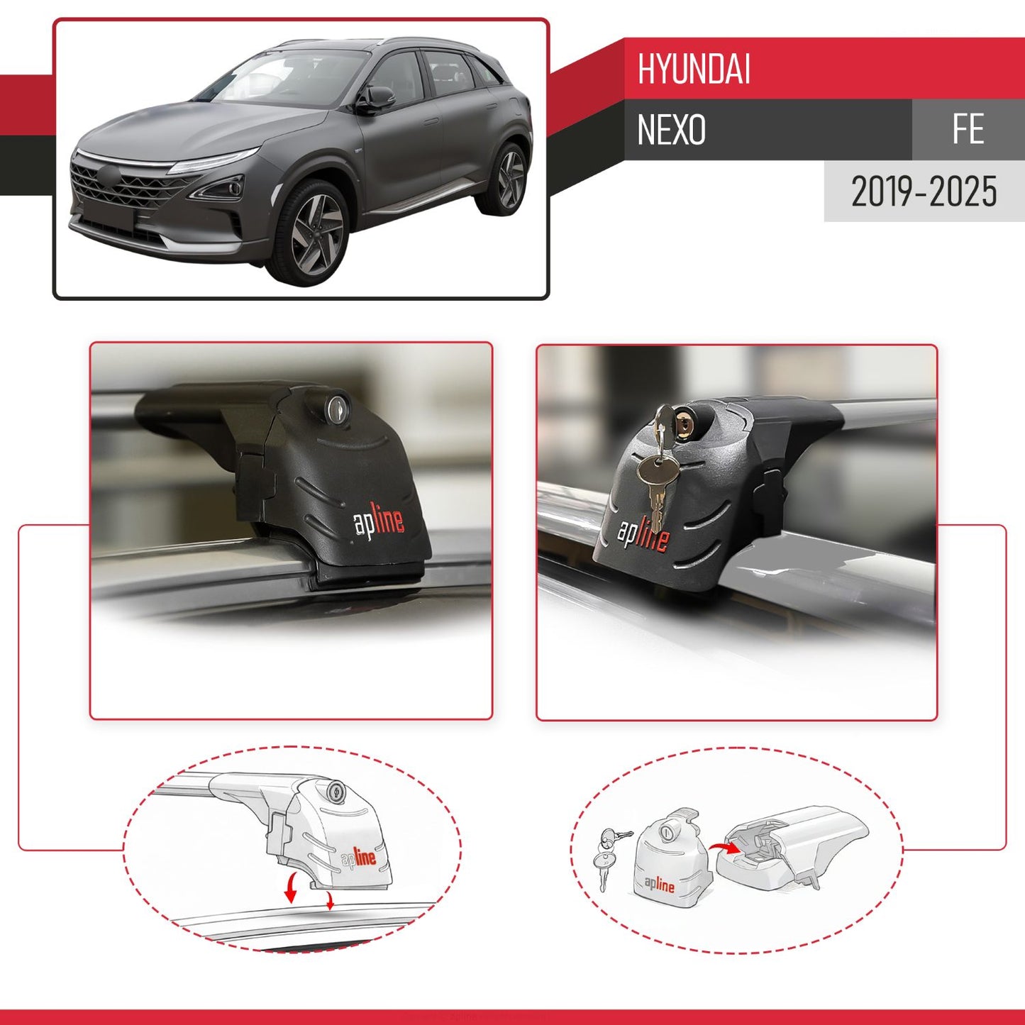 Compatible with Hyundai Nexo (FE) 2019-2025 ACE-2 Model Car Roof Rack Cross Bar Gray Aluminium 2 Bars