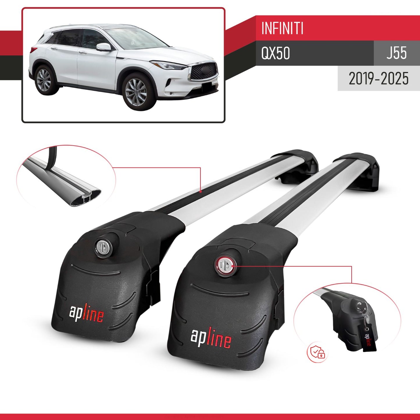 Compatible with Infiniti QX50 (J55) 2019-2025 ACE-2 Model Car Roof Rack Cross Bar Gray Aluminium 2 Bars