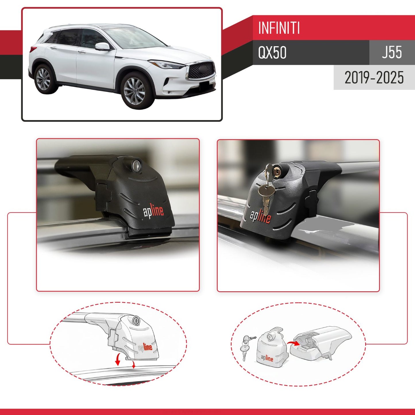 Compatible with Infiniti QX50 (J55) 2019-2025 ACE-2 Model Car Roof Rack Cross Bar Gray Aluminium 2 Bars