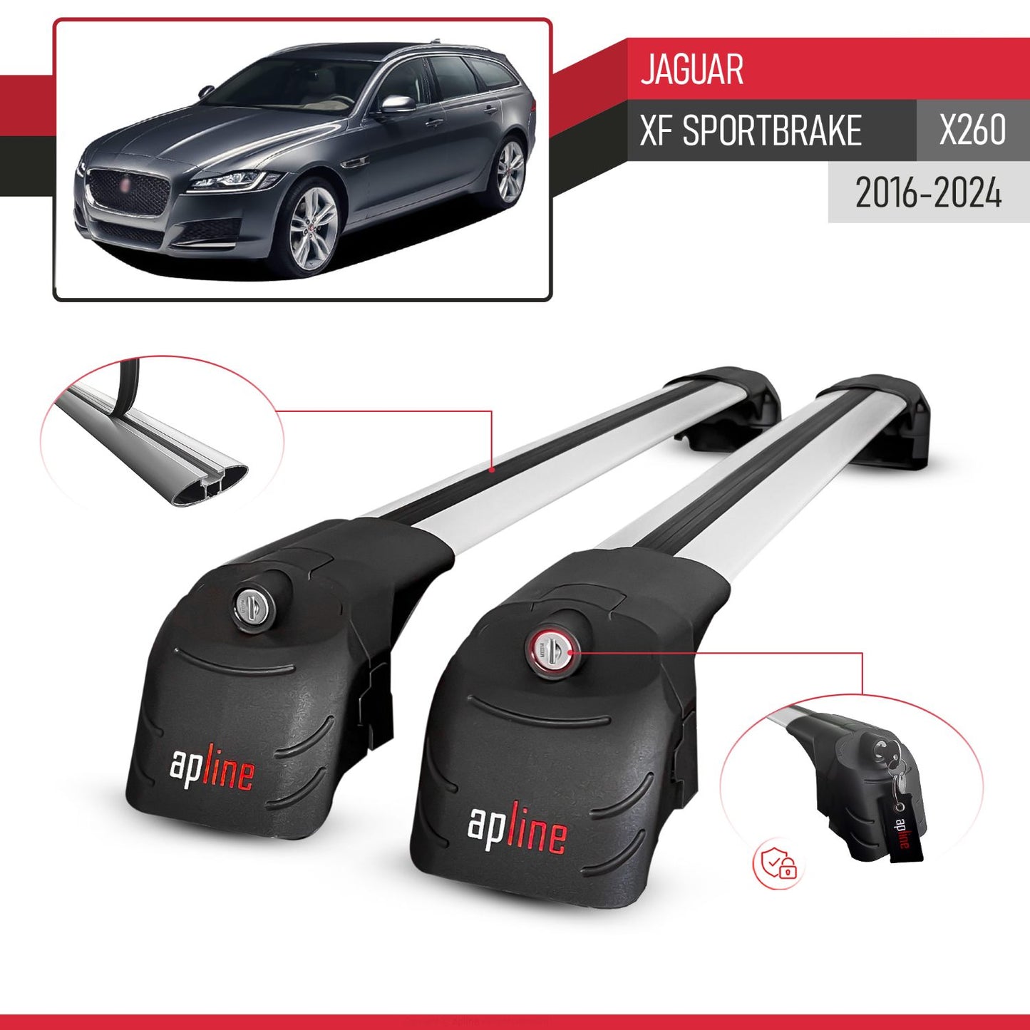 Compatible with Jaguar XF Sportbrake (X260) 2016-2024 ACE-2 Model Car Roof Rack Cross Bar Gray Aluminium 2 Bars