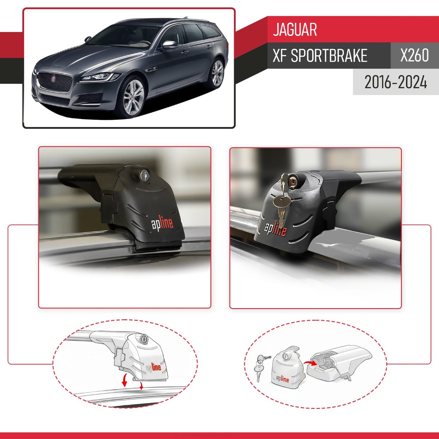 Compatible with Jaguar XF Sportbrake (X260) 2016-2024 ACE-2 Model Car Roof Rack Cross Bar Gray Aluminium 2 Bars