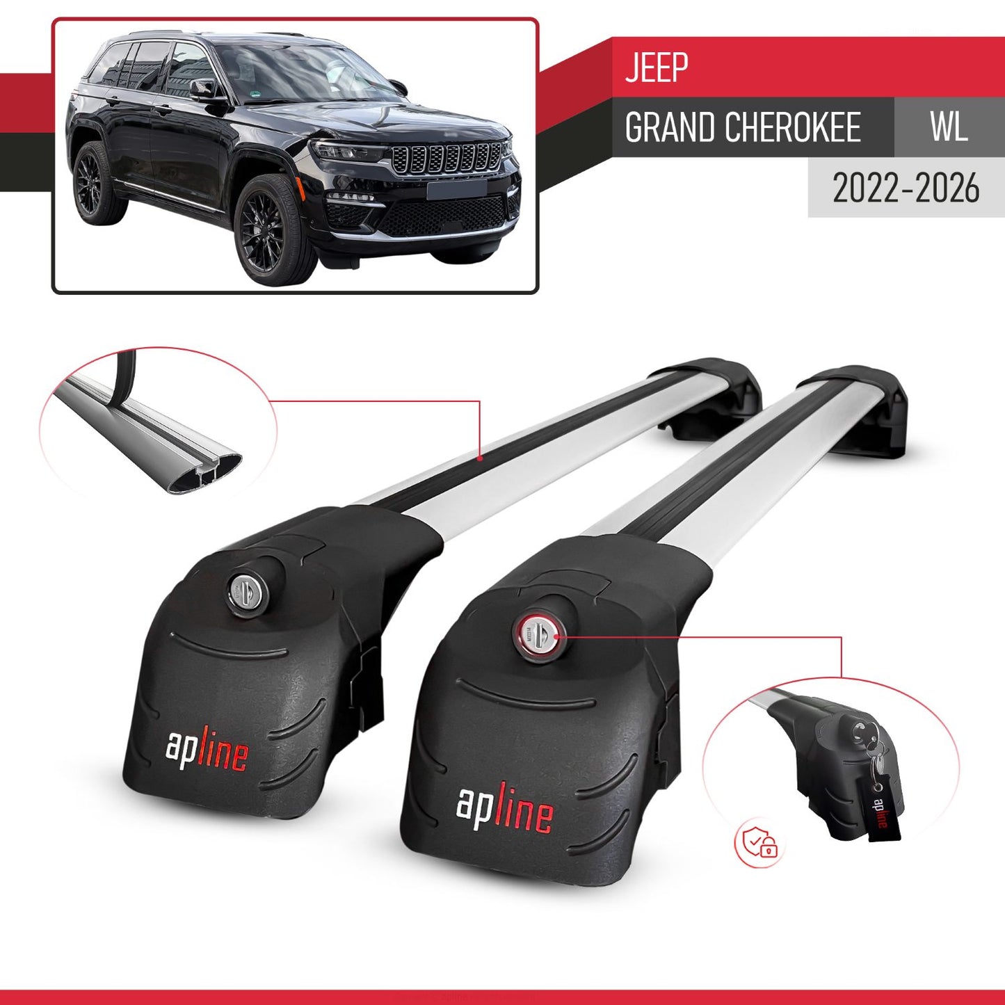 Compatible with Jeep Grand Cherokee (WL) 2022-2026 ACE-2 Model Car Roof Rack Cross Bar Gray Aluminium 2 Bars