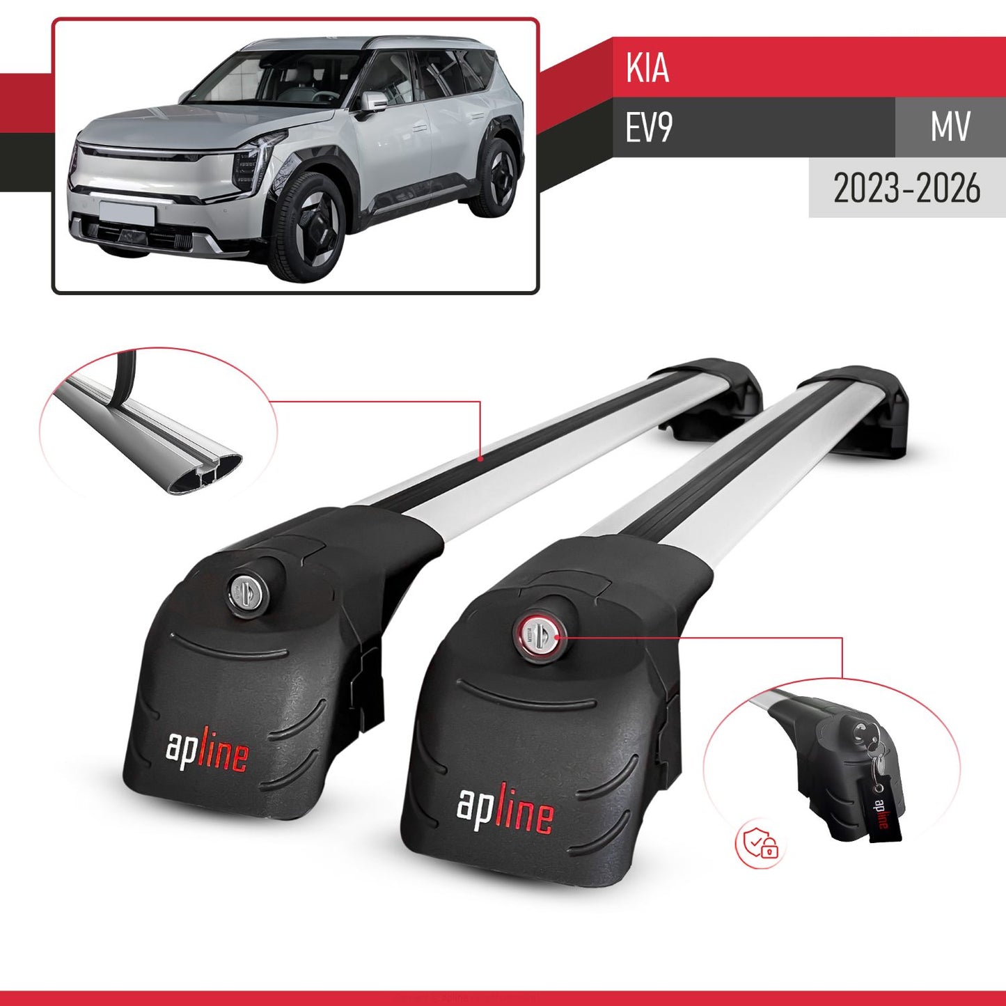 Compatible with Kia EV9 (MV) 2023-2026 ACE-2 Model Car Roof Rack Cross Bar Gray Aluminium 2 Bars