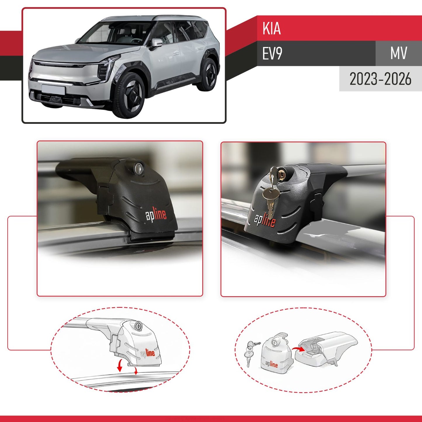 Compatible with Kia EV9 (MV) 2023-2026 ACE-2 Model Car Roof Rack Cross Bar Gray Aluminium 2 Bars