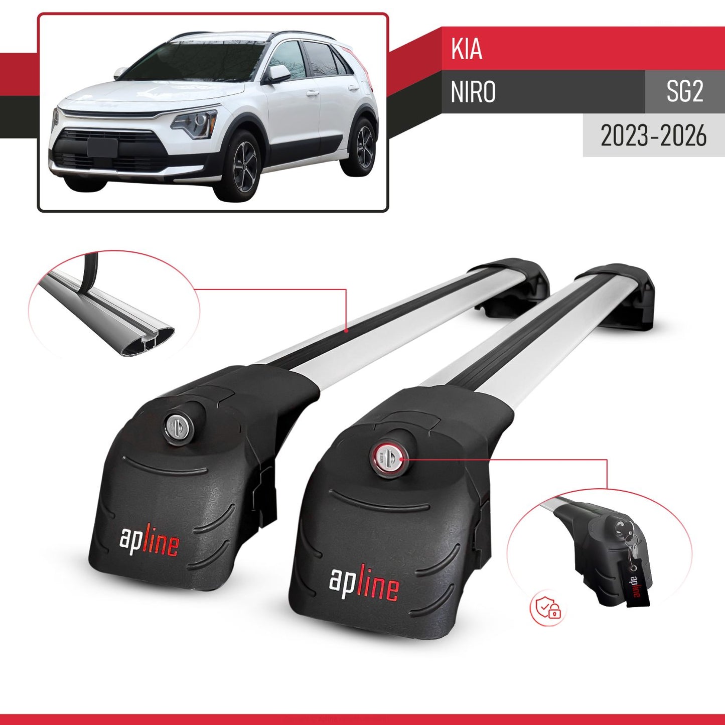 Compatible with Kia Niro (SG2) 2023-2026 ACE-2 Model Car Roof Rack Cross Bar Gray Aluminium 2 Bars