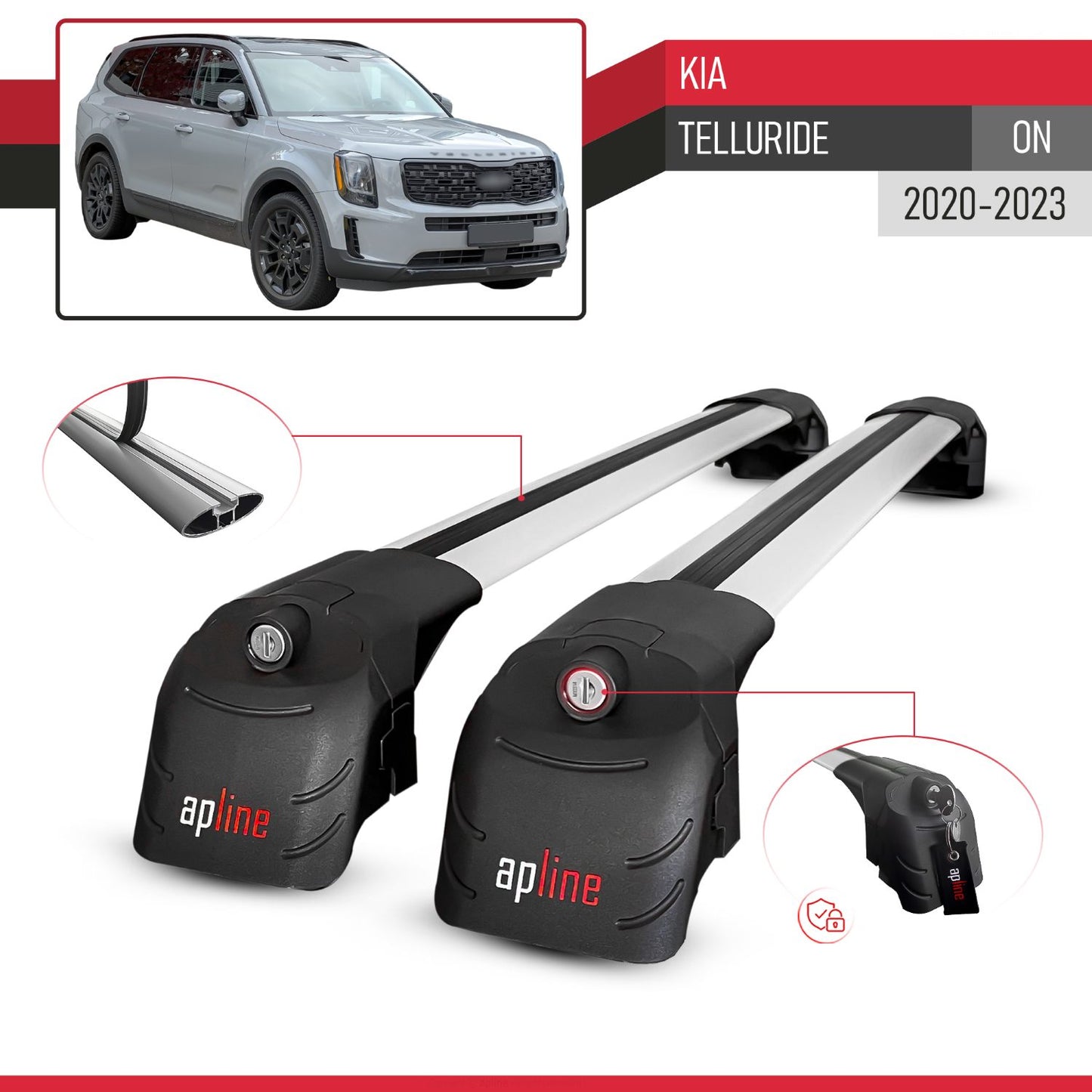 Compatible with Kia Telluride (ON) 2020-2023 ACE-2 Model Car Roof Rack Cross Bar Gray Aluminium 2 Bars