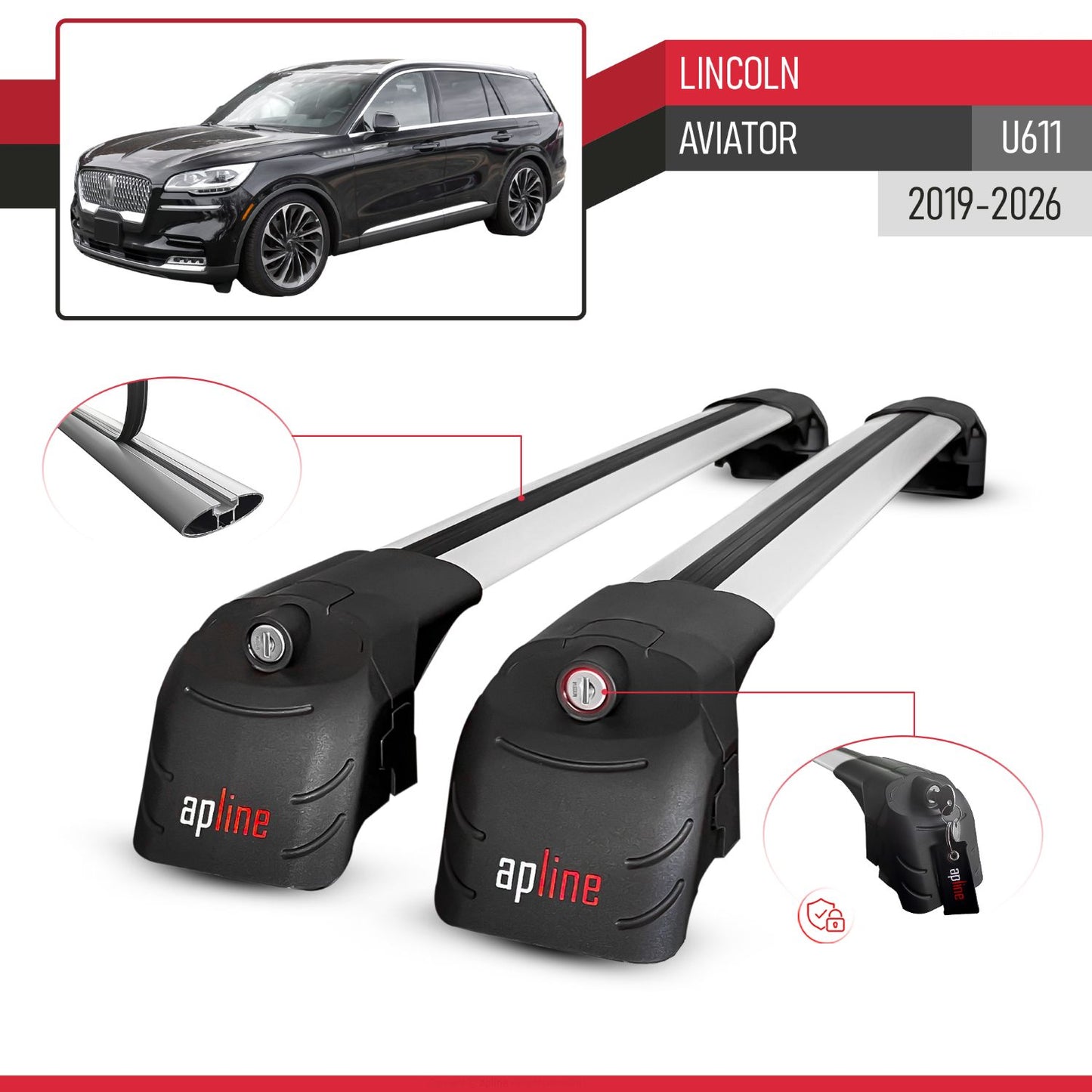 Compatible with Lincoln Aviator (U611) 2019-2026 ACE-2 Model Car Roof Rack Cross Bar Gray Aluminium 2 Bars