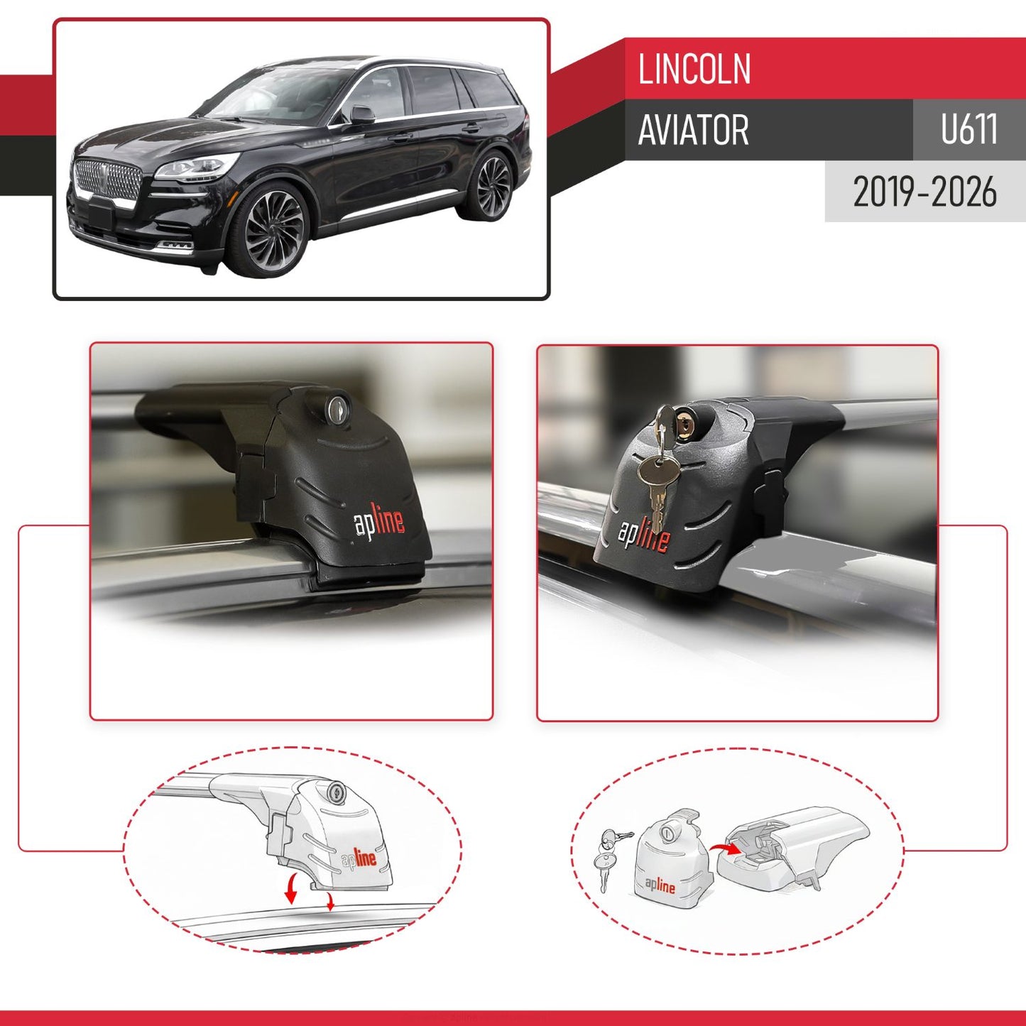 Compatible with Lincoln Aviator (U611) 2019-2026 ACE-2 Model Car Roof Rack Cross Bar Gray Aluminium 2 Bars