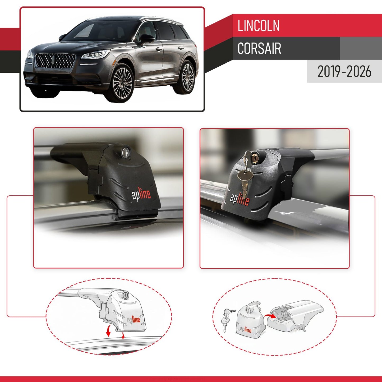 Compatible with Lincoln Corsair 2019-2026 ACE-2 Model Car Roof Rack Cross Bar Gray Aluminium 2 Bars