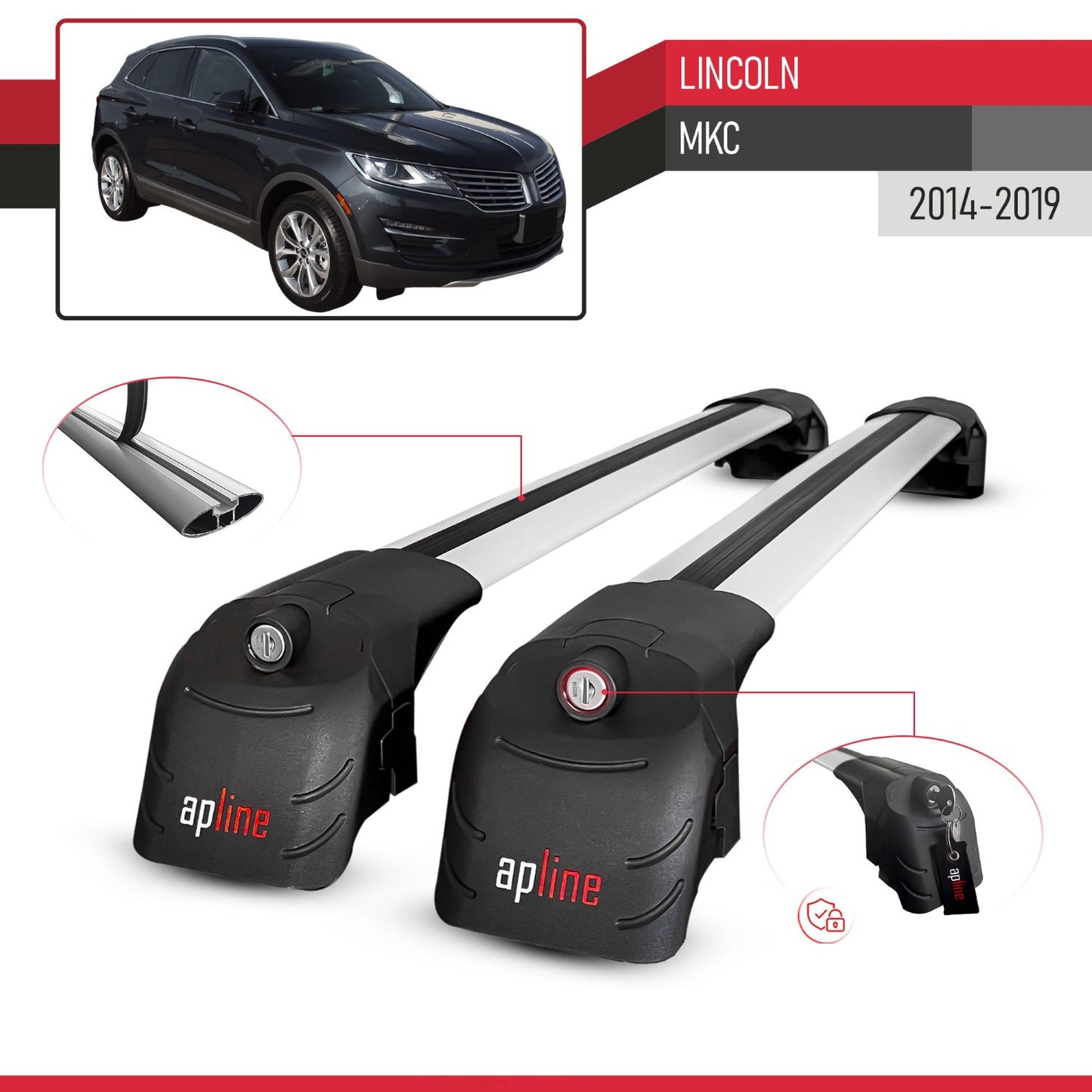 Compatible with Lincoln MKC 2014-2019 ACE-2 Model Car Roof Rack Cross Bar Gray Aluminium 2 Bars