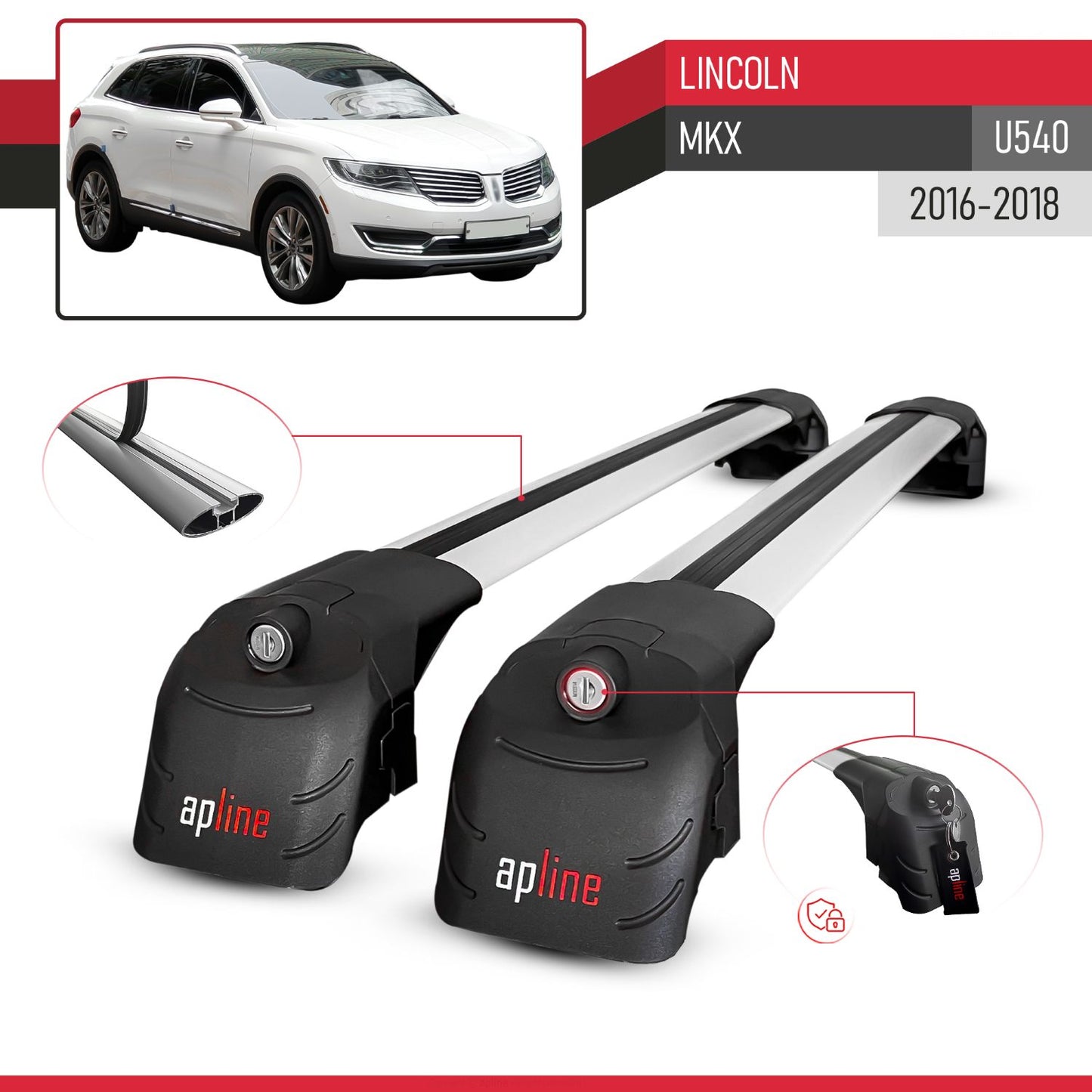 Compatible with Lincoln MKX (U540) 2016-2018 ACE-2 Model Car Roof Rack Cross Bar Gray Aluminium 2 Bars