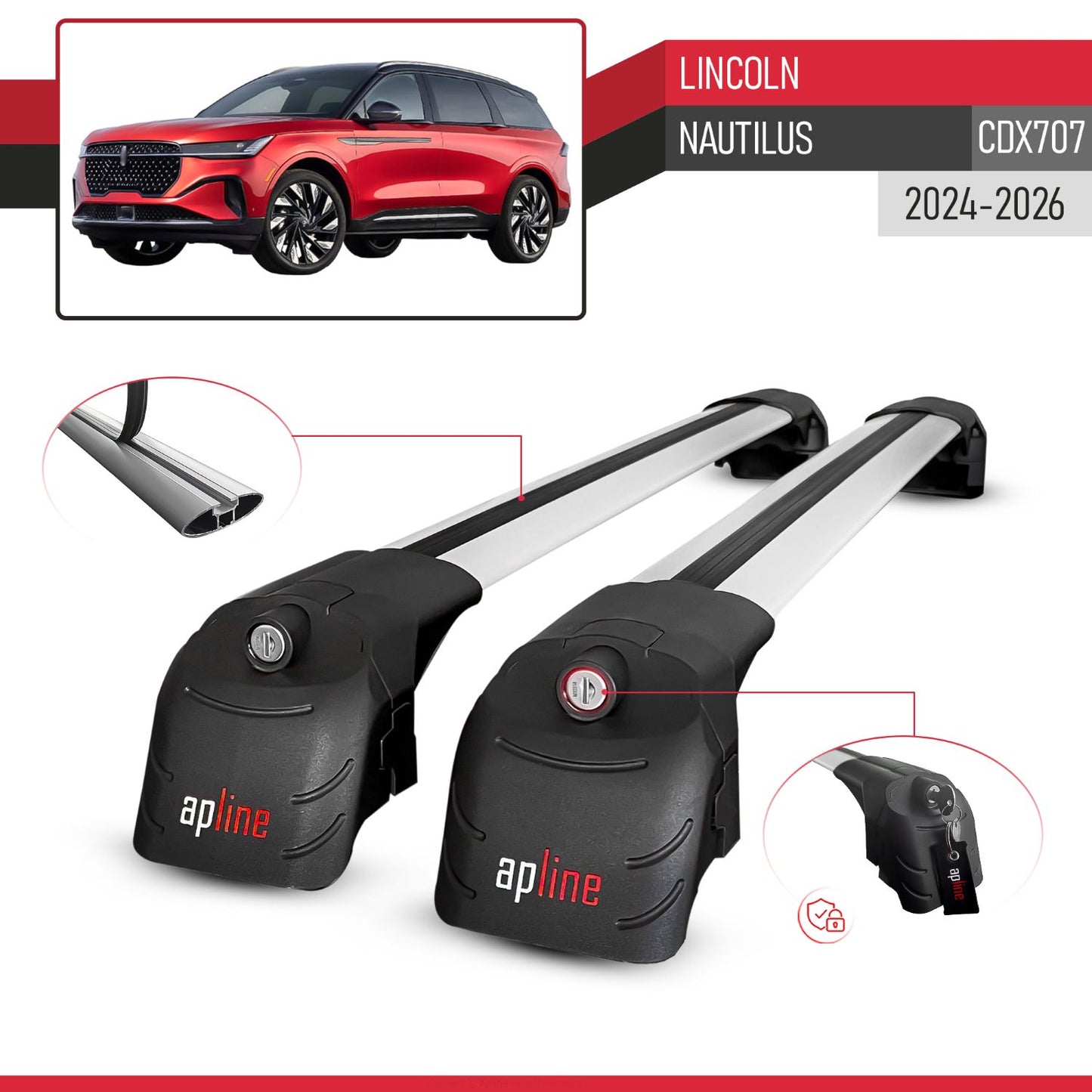 Compatible with Lincoln Nautilus (CDX707) 2024-2026 ACE-2 Model Car Roof Rack Cross Bar Gray Aluminium 2 Bars