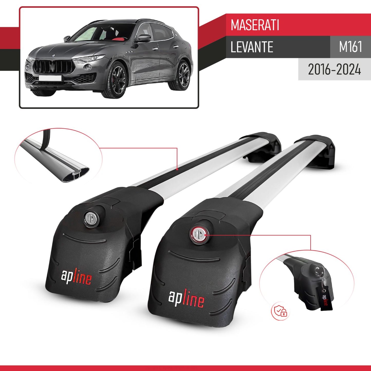 Compatible with Maserati Levante (M161) 2016-2024 ACE-2 Model Car Roof Rack Cross Bar Gray Aluminium 2 Bars