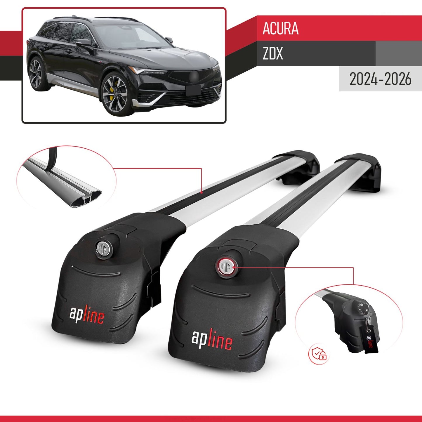 Compatible with Acura ZDX 2024-2026 ACE-2 Model Roof Rack Gray 2 Aluminium Bars