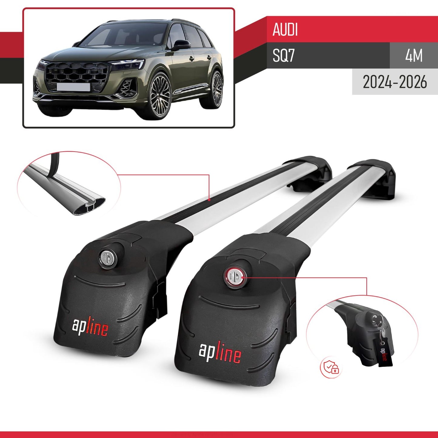 Compatible with Audi SQ7 2024-2025 ACE-2 Car Roof Rack Cross Bar Grey Aluminium 2 Bars