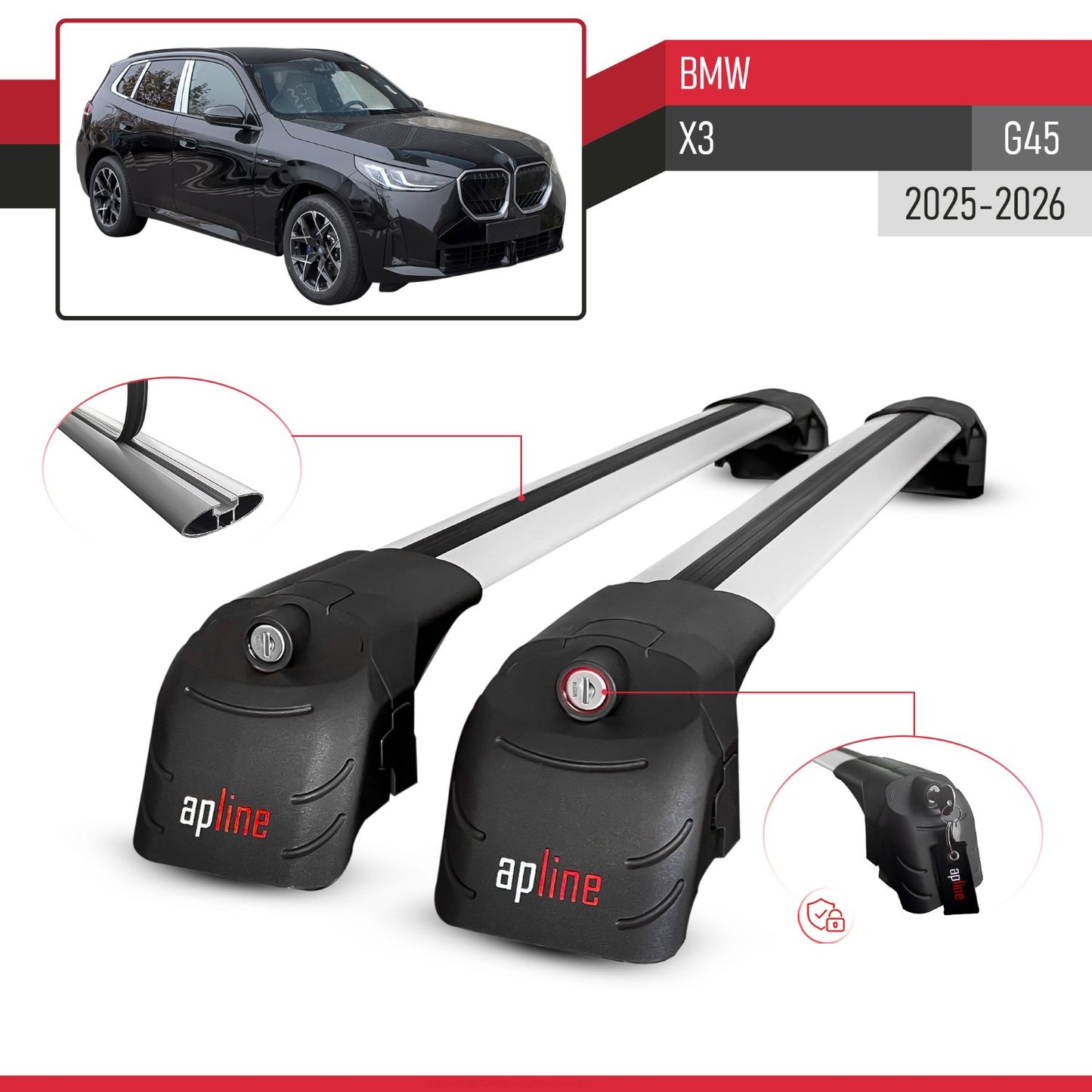 Compatible with BMW X3 (G45) 2025-2026 ACE-2 Model Car Roof Rack Cross Bar Gray Aluminium 2 Bars
