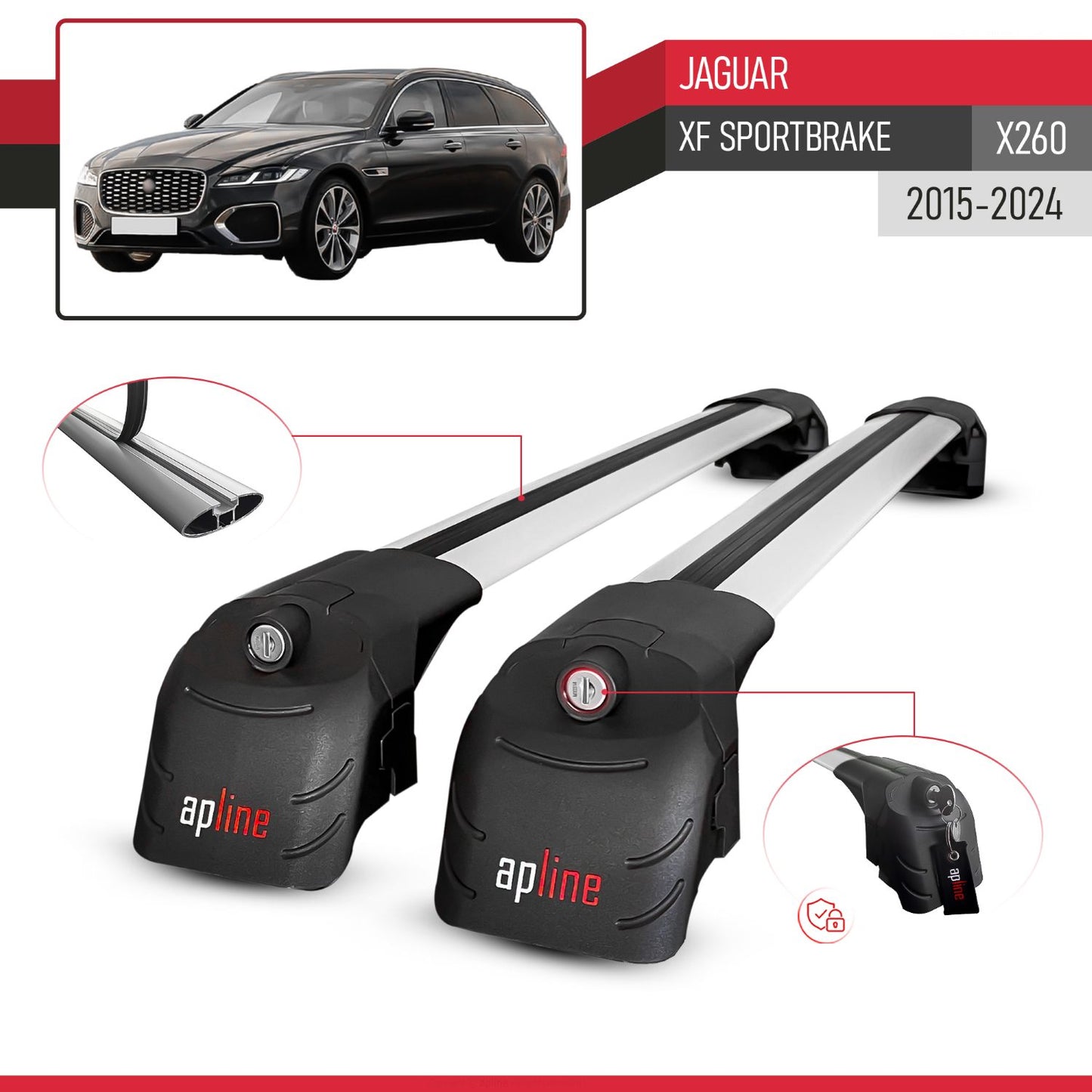 Compatible with Jaguar XF Sportbrake (X260) 2015-2024 ACE-2 Model Car Roof Rack Cross Bar Gray Aluminium 2 Bars