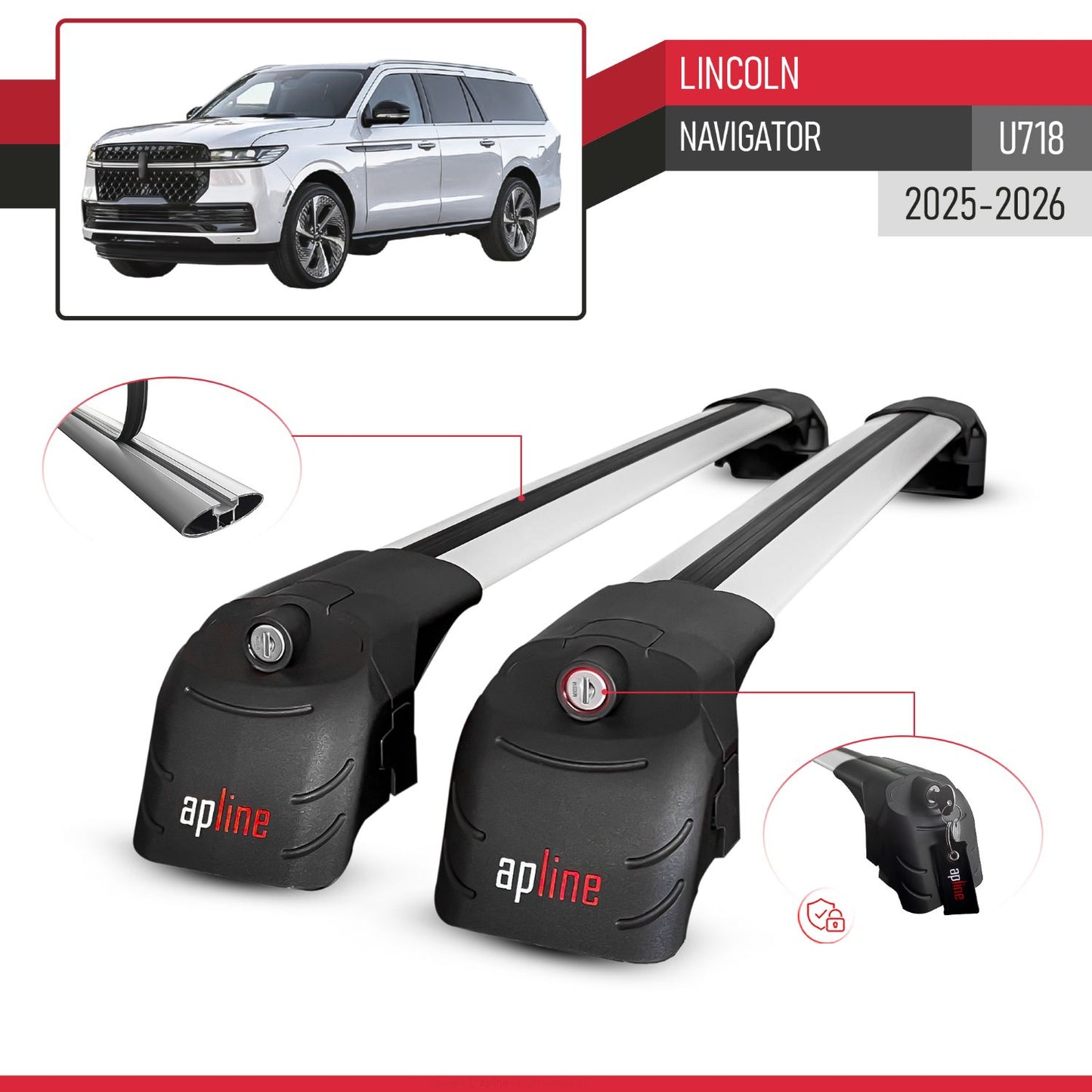 Compatible with Lincoln Navigator (U718) 2025-2026 ACE-2 Model Car Roof Rack Cross Bar Gray Aluminium 2 Bars