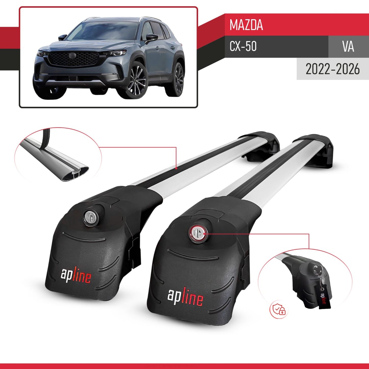 Compatible with Mazda CX-50 (VA) 2022-2026 ACE-2 Model Car Roof Rack Cross Bar Gray Aluminium 2 Bars
