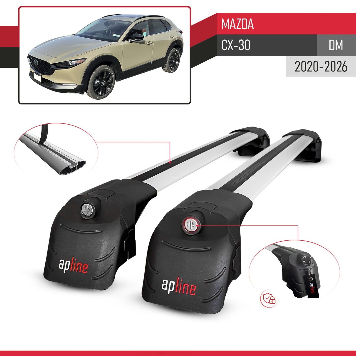 Compatible with Mazda CX-30 (DM) 2020-2026 ACE-2 Model Car Roof Rack Cross Bar Gray Aluminium 2 Bars