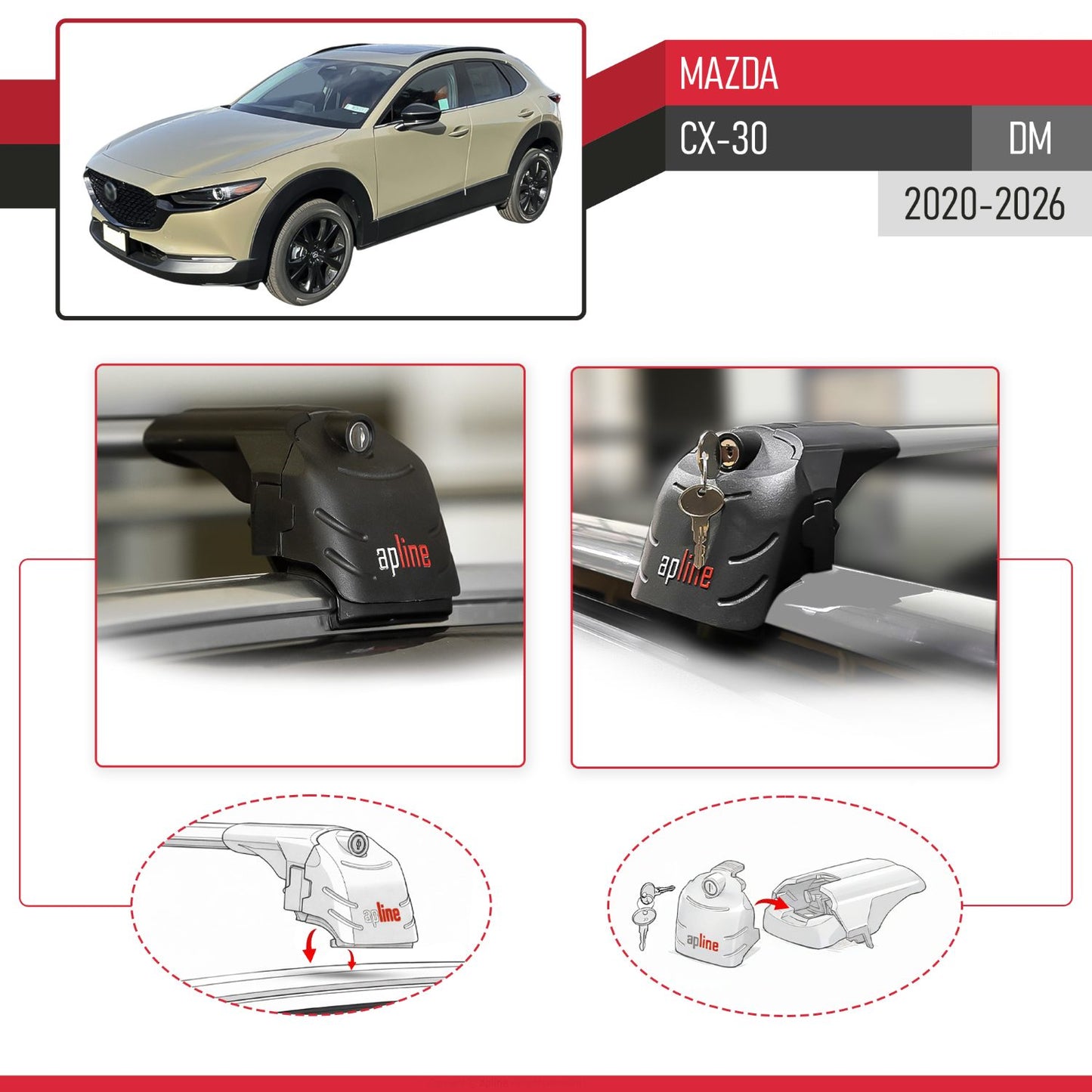Compatible with Mazda CX-30 (DM) 2020-2026 ACE-2 Model Car Roof Rack Cross Bar Gray Aluminium 2 Bars