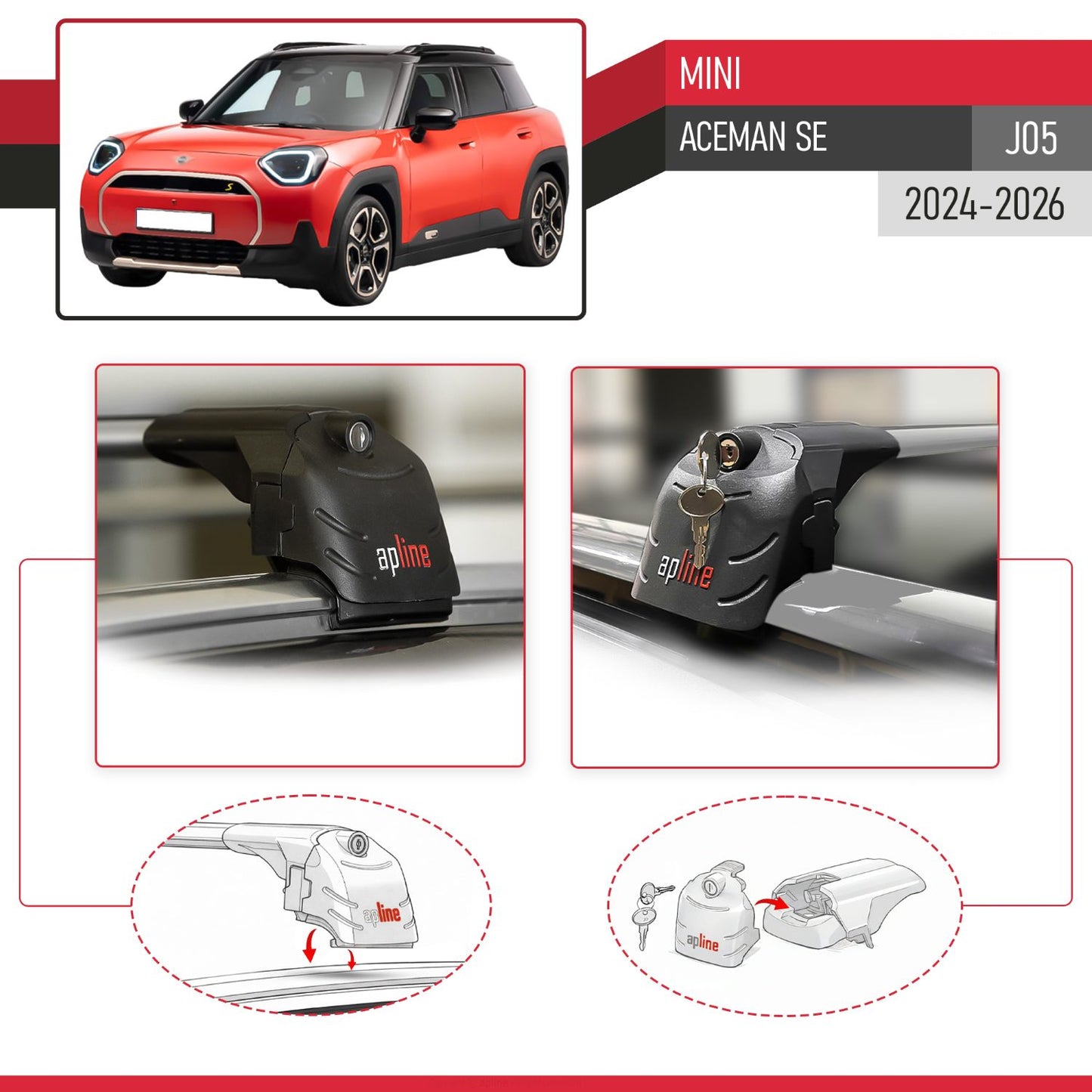 Compatible with Mini Aceman SE (J05) 2024-2026 ACE-2 Model Car Roof Rack Cross Bar Gray Aluminium 2 Bars