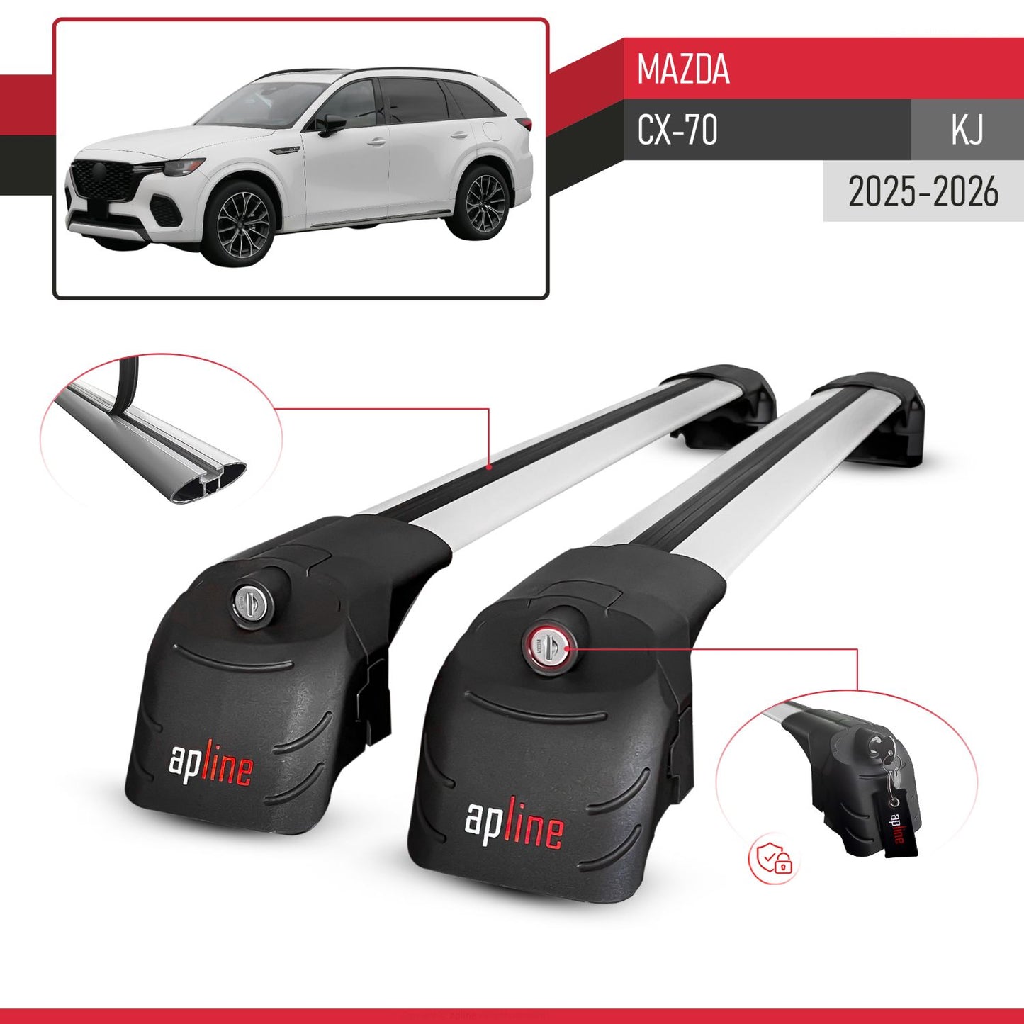 Compatible with Mazda CX-70 (KJ) 2025-2026 ACE-2 Model Car Roof Rack Cross Bar Gray Aluminium 2 Bars