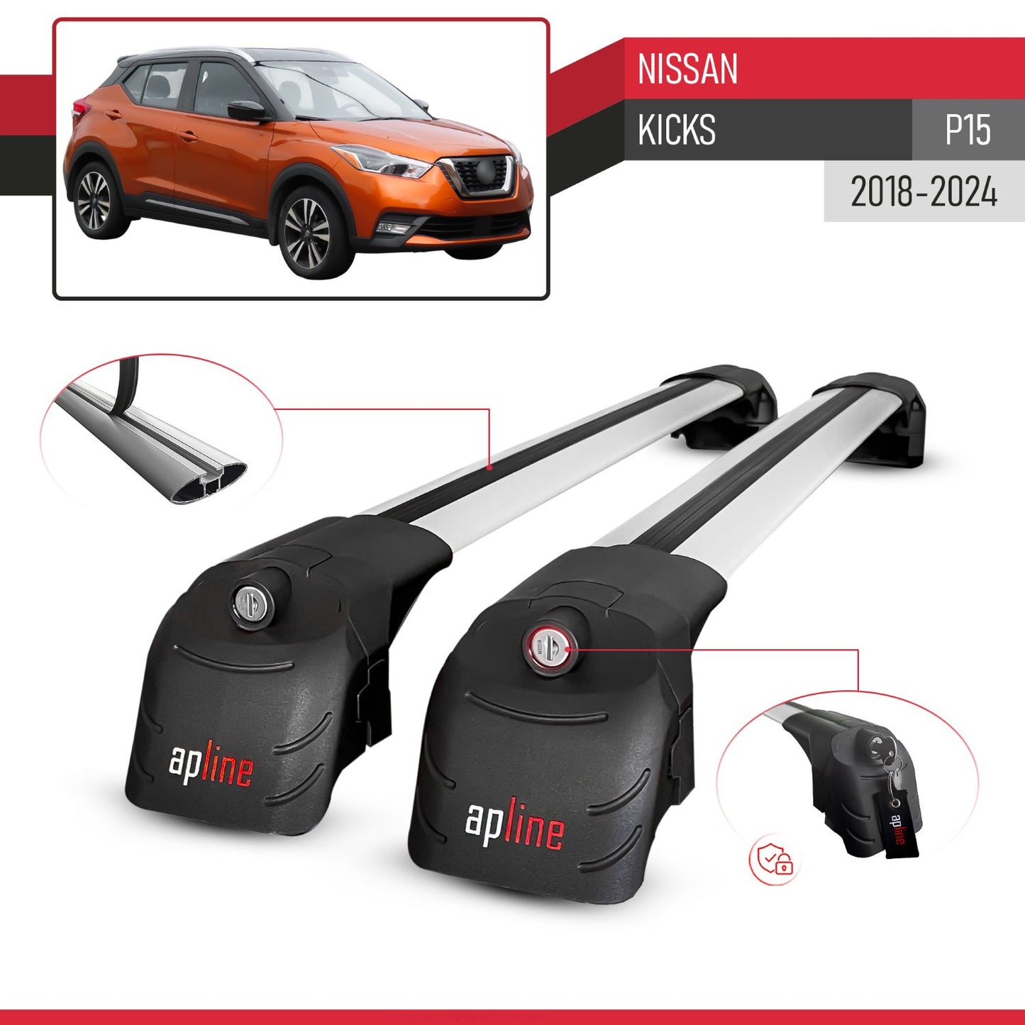 Compatible with Nissan Kicks (P15) 2018-2024 ACE-2 Model Car Roof Rack Cross Bar Gray Aluminium 2 Bars