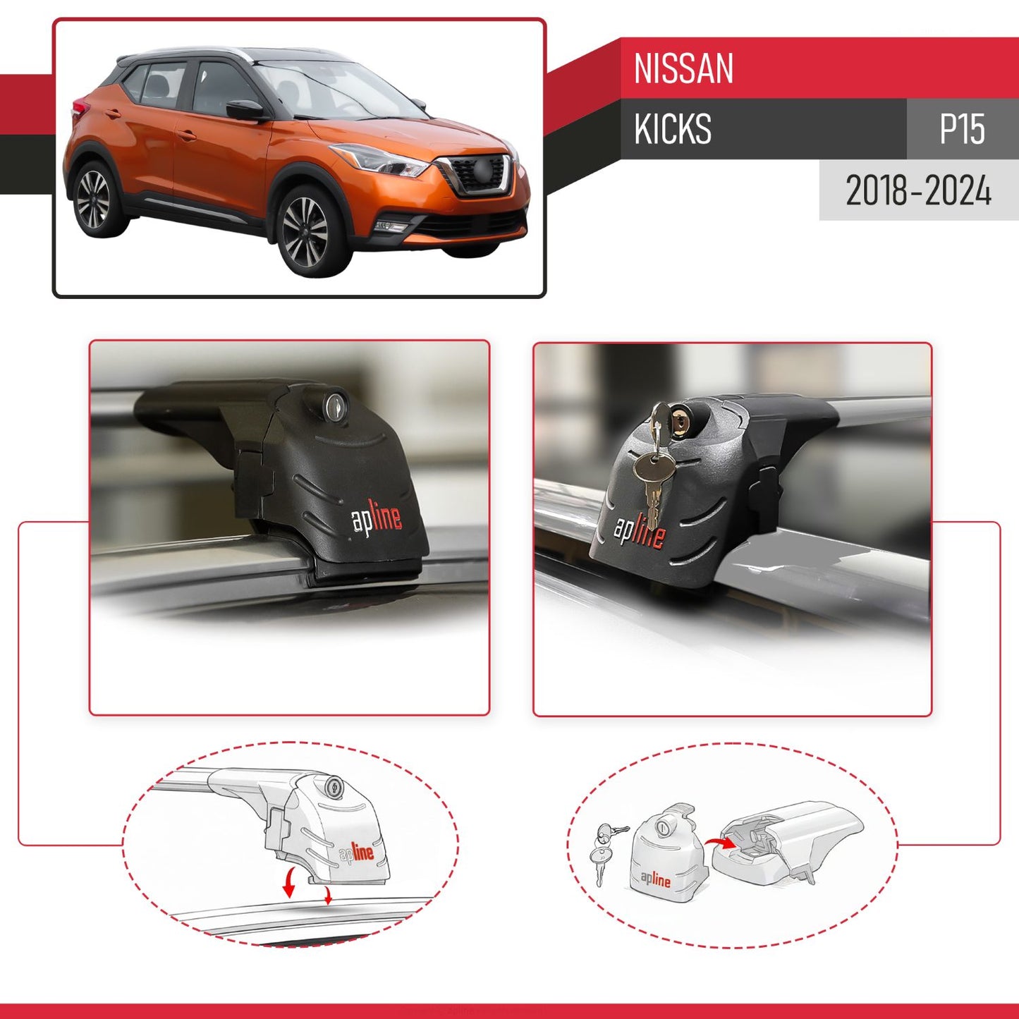 Compatible with Nissan Kicks (P15) 2018-2024 ACE-2 Model Car Roof Rack Cross Bar Gray Aluminium 2 Bars