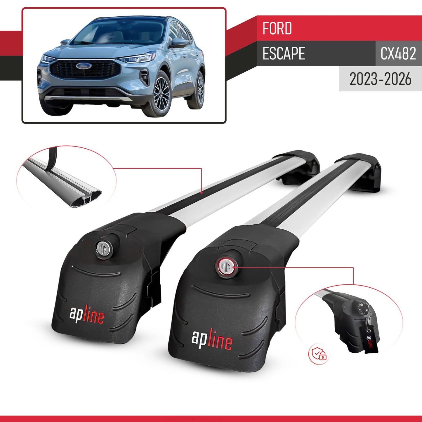Compatible with Ford Escape (CX482) 2023-2026 ACE-2 Model Car Roof Rack Cross Bar Gray Aluminium 2 Bars