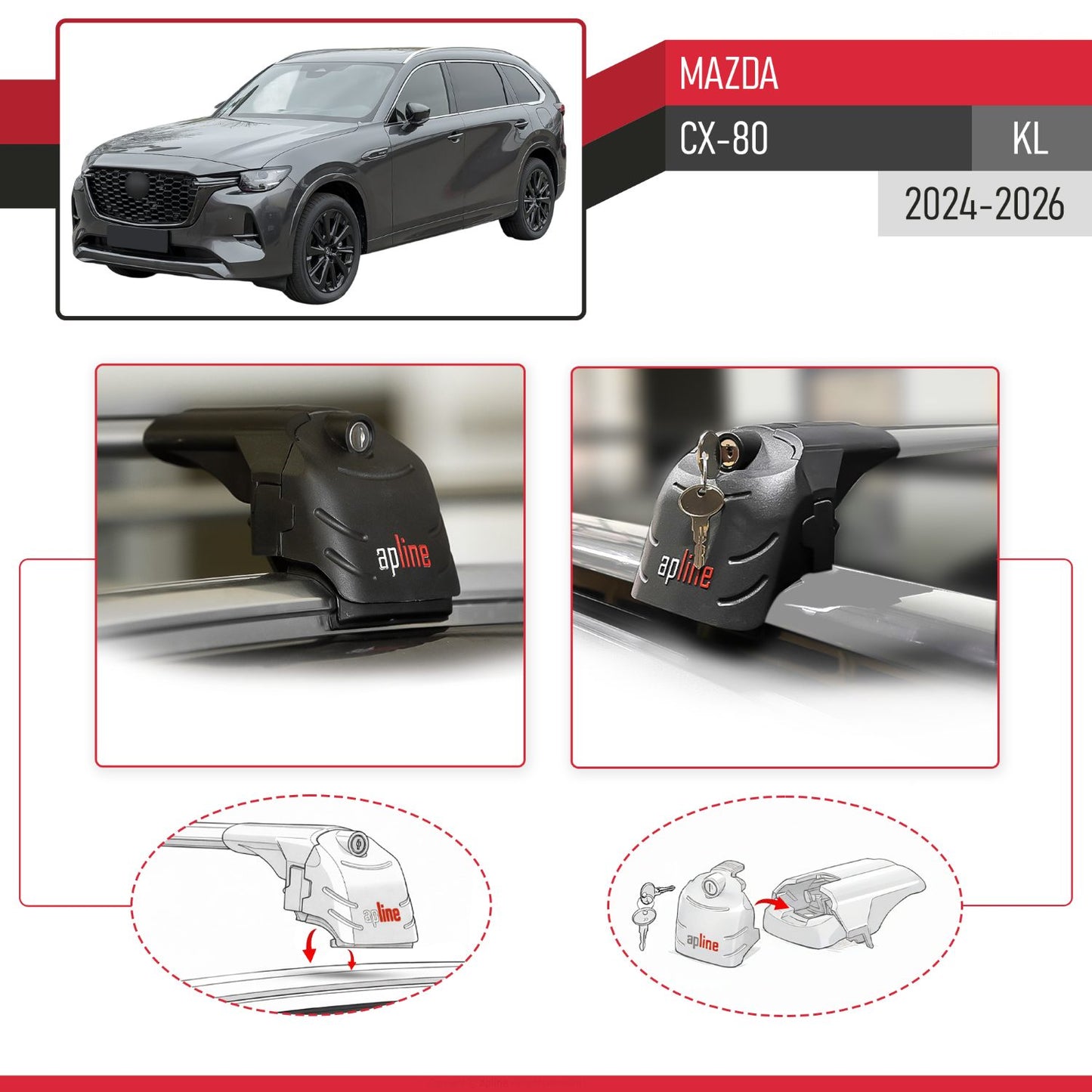Compatible with Mazda CX-80 (KL) 2024-2026 ACE-2 Model Car Roof Rack Cross Bar Gray Aluminium 2 Bars