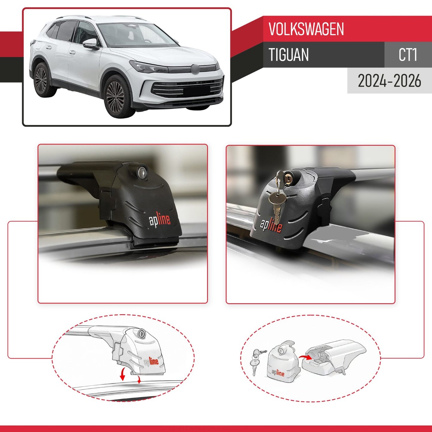 Compatible with Volkswagen Tiguan (CT1) 2024-2026 ACE-2 Model Car Roof Rack Cross Bar Gray Aluminium 2 Bars