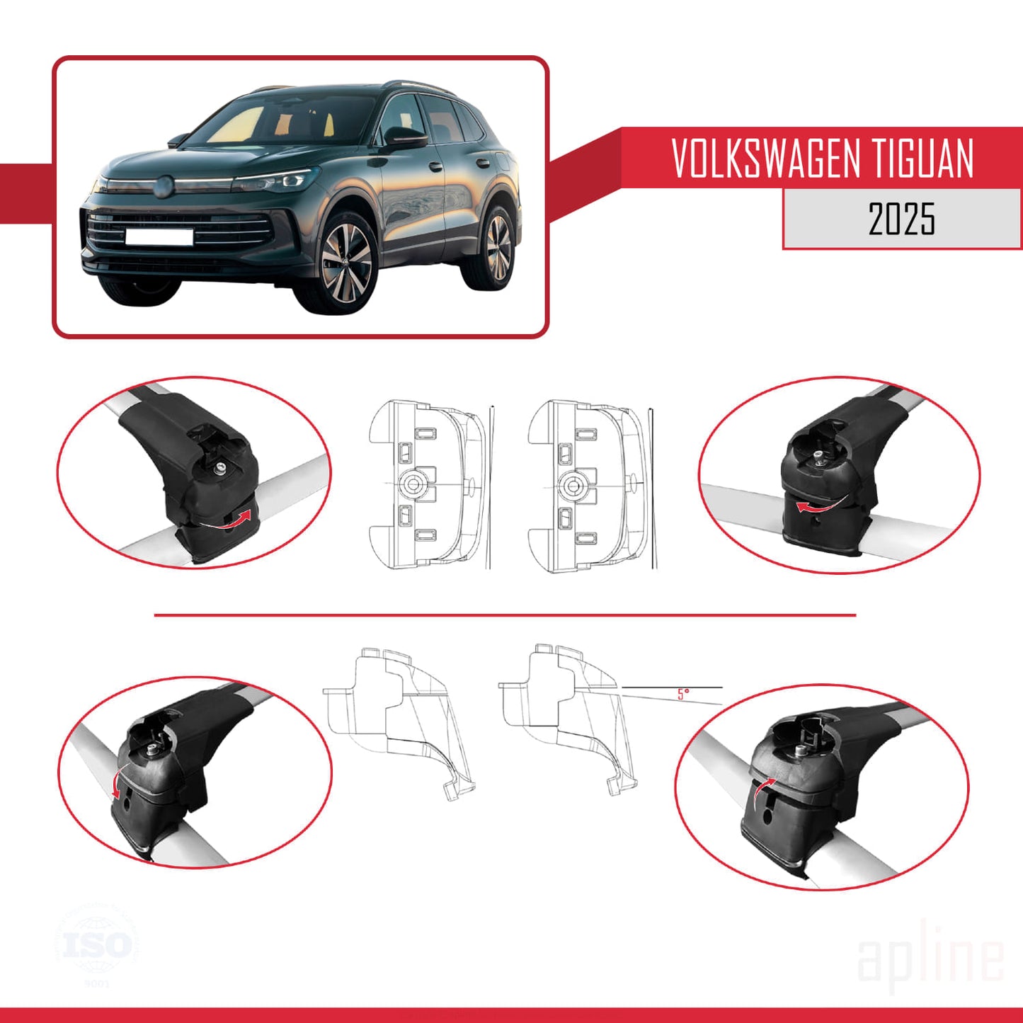 Compatible with Volkswagen Tiguan 2025 ACE-2 Car Roof Rack Cross Bar Grey Aluminium 2 Bars