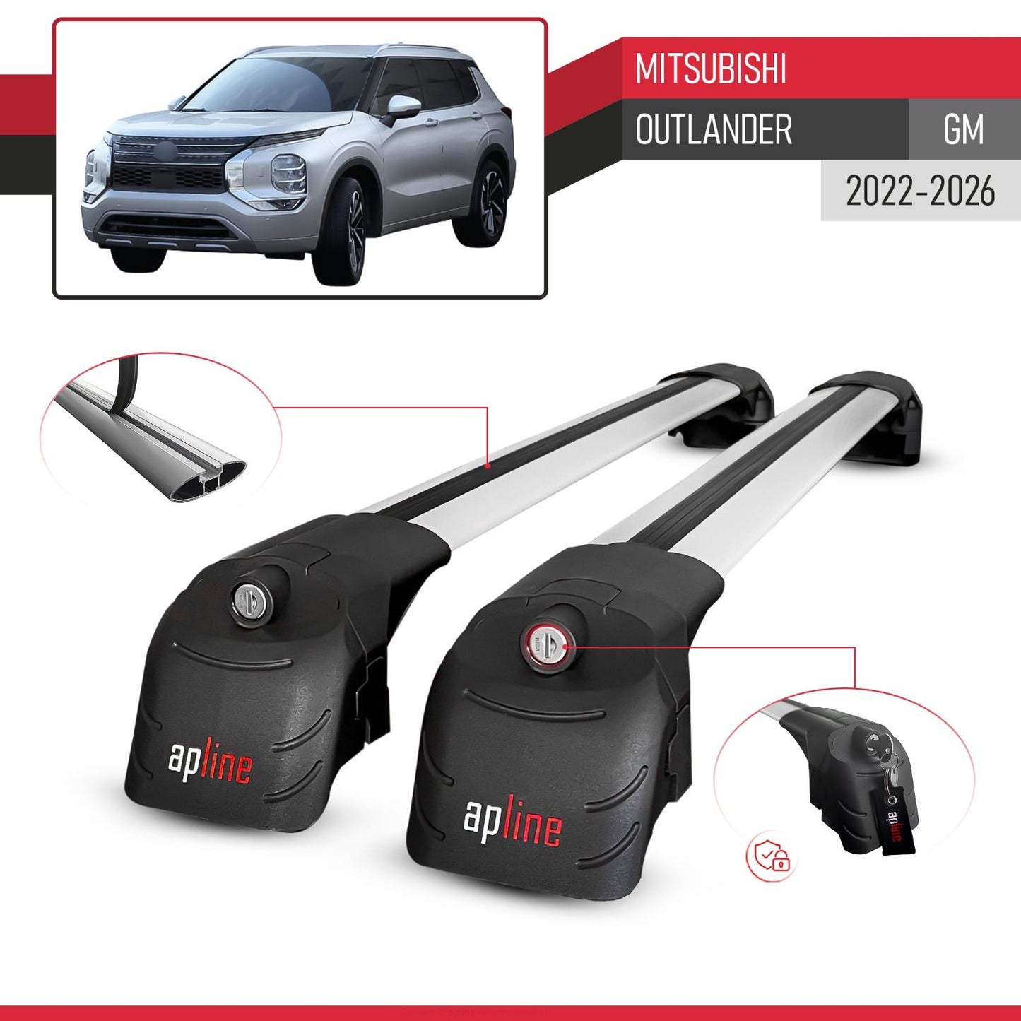 Compatible with Mitsubishi Outlander (GM) 2022-2026 ACE-2 Model Roof Rack Gray 2 Aluminium Bars