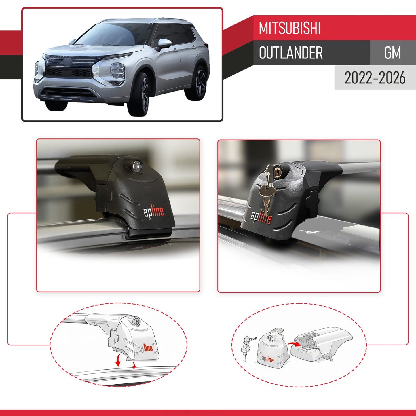 Compatible with Mitsubishi Outlander (GM) 2022-2026 ACE-2 Model Roof Rack Gray 2 Aluminium Bars