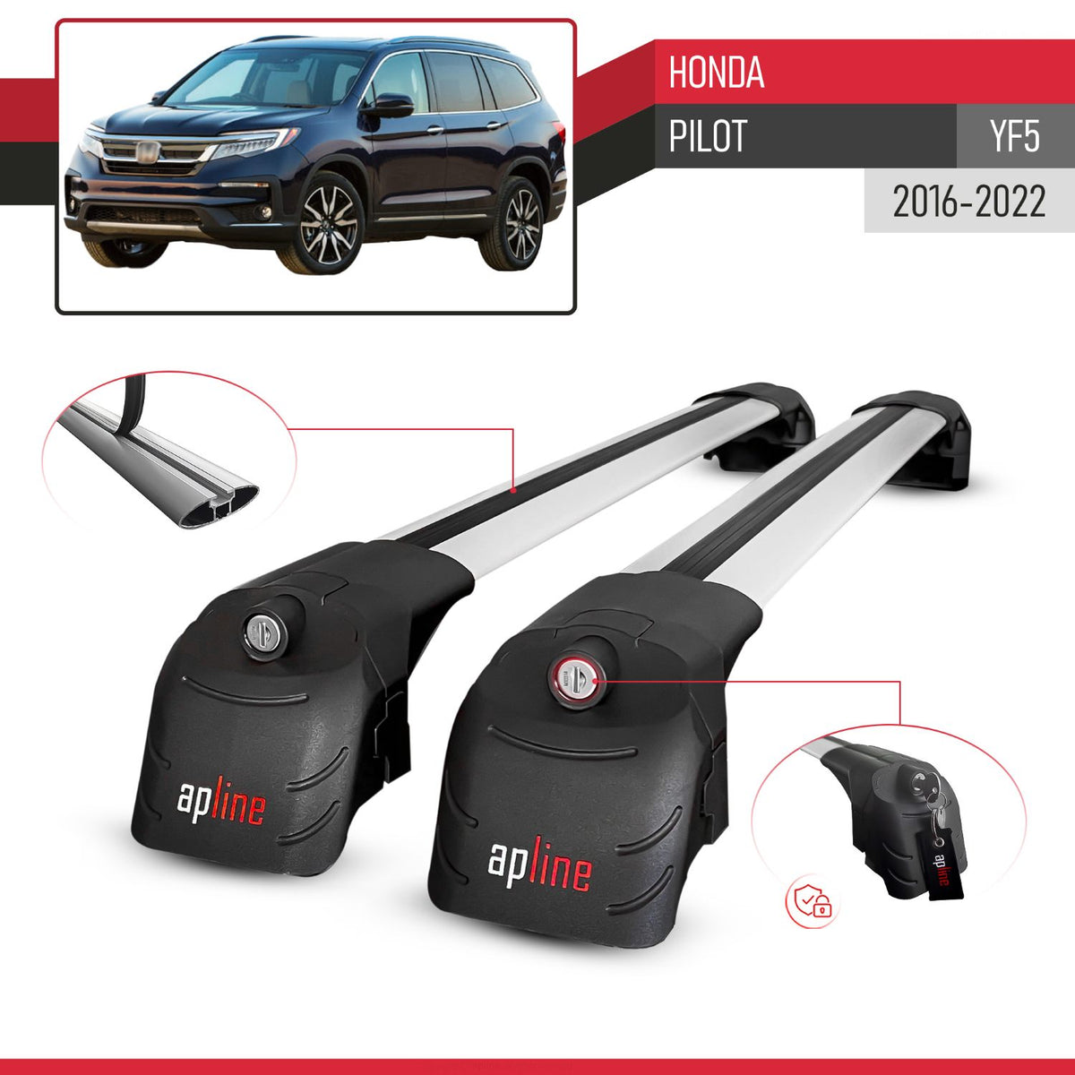 Compatible with Honda Pilot (YF5) 2016-2022 ACE-2 Model Car Roof Rack Cross Bar Gray Aluminium 2 Bars