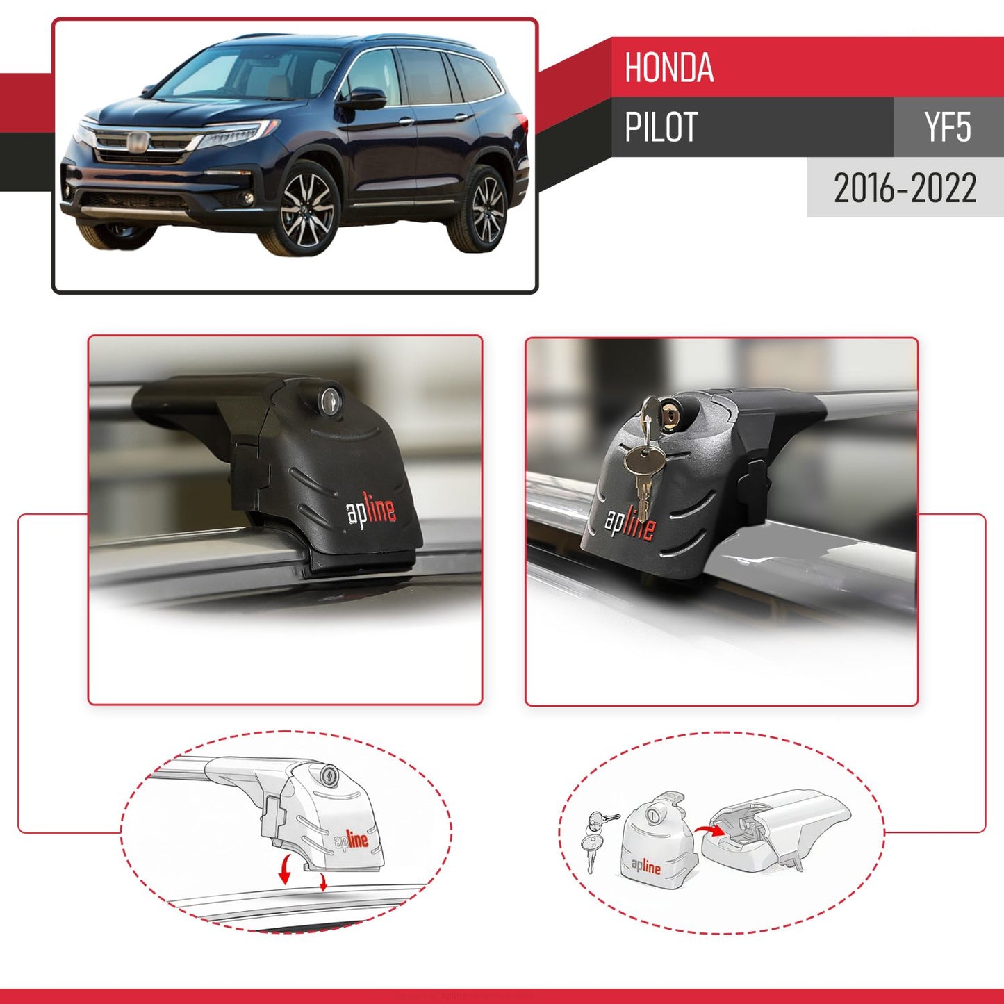Compatible with Honda Pilot (YF5) 2016-2022 ACE-2 Model Car Roof Rack Cross Bar Gray Aluminium 2 Bars