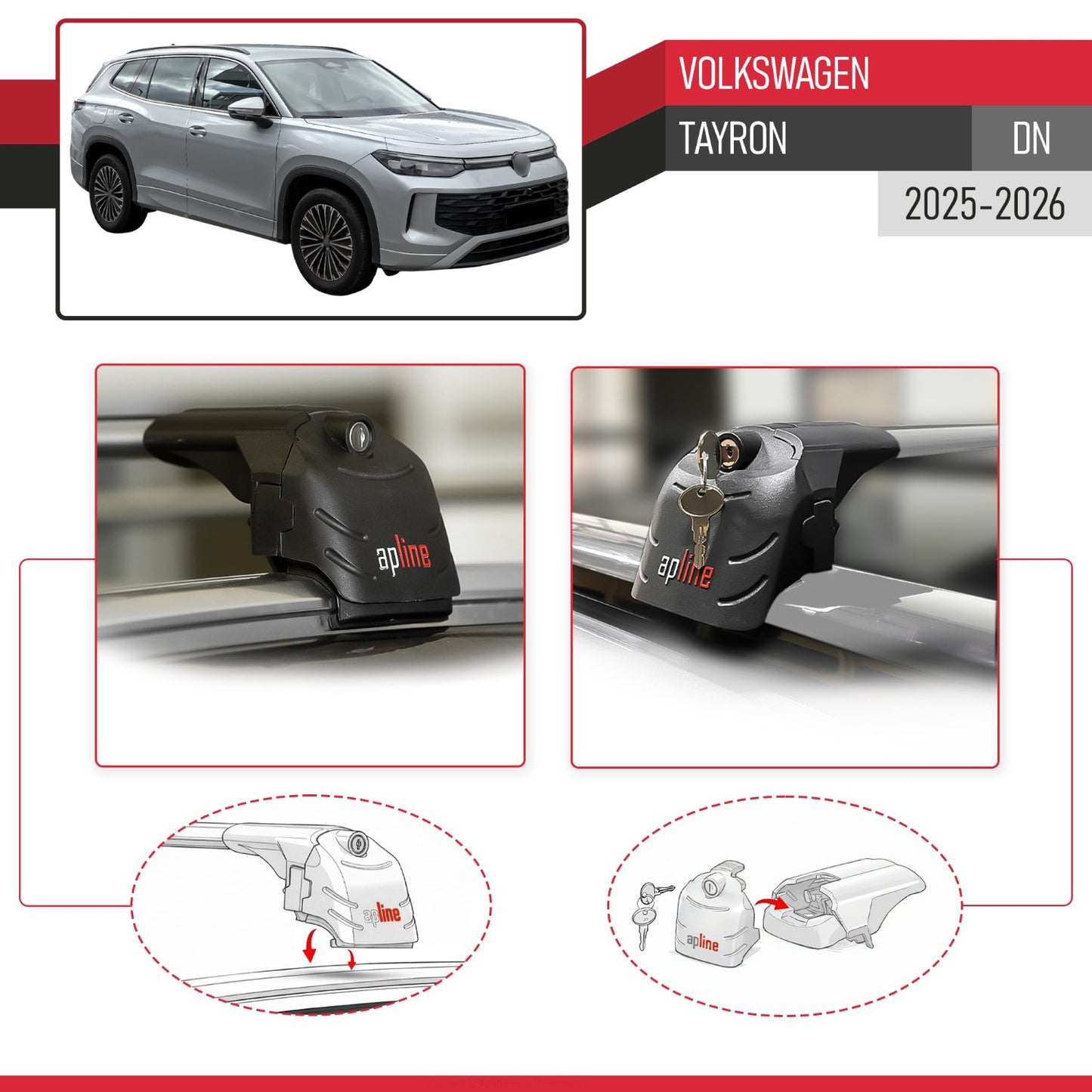 Compatible with Volkswagen Tayron (DN) 2025-2026 ACE-2 Model Car Roof Rack Cross Bar Gray Aluminium 2 Bars